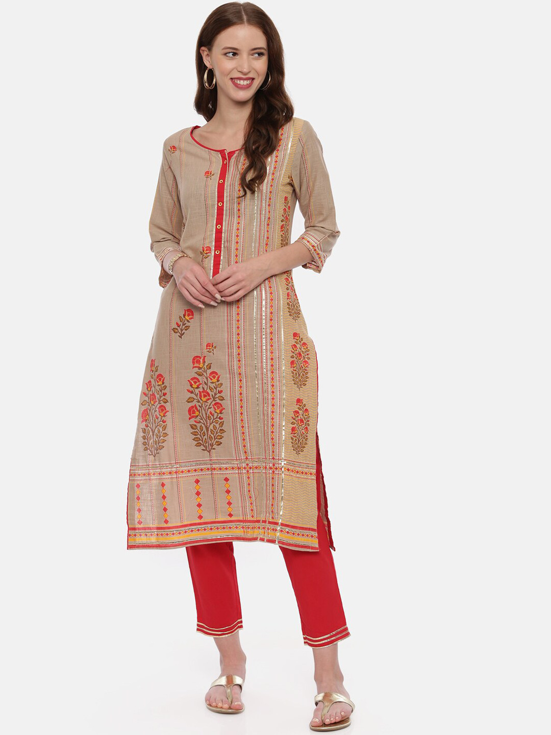 

Neerus Women Beige & Red Printed Kurta with Trousers