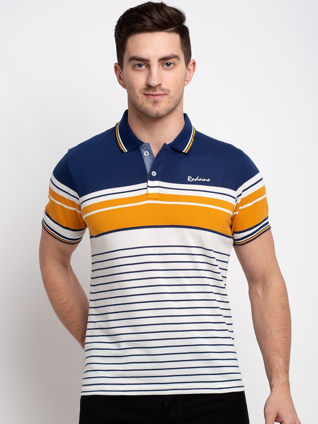

Rodamo Men Multicoloured Striped Polo Collar T-shirt, Multi