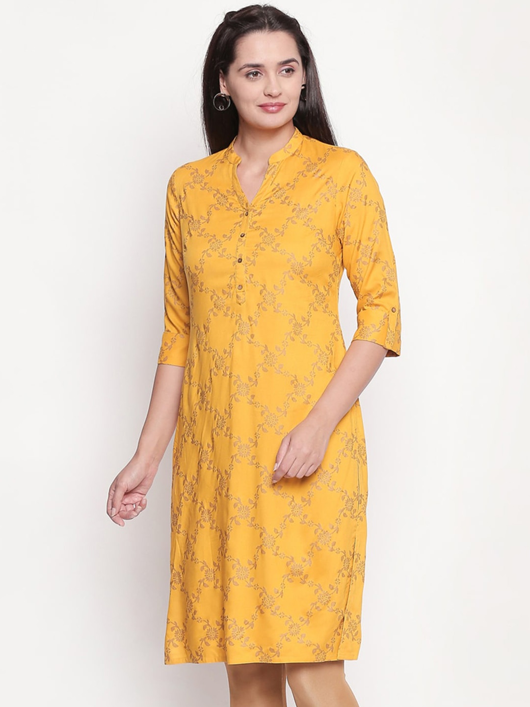 

RANGMANCH BY PANTALOONS Women Yellow & Gold-Toned Floral Printed Kurta
