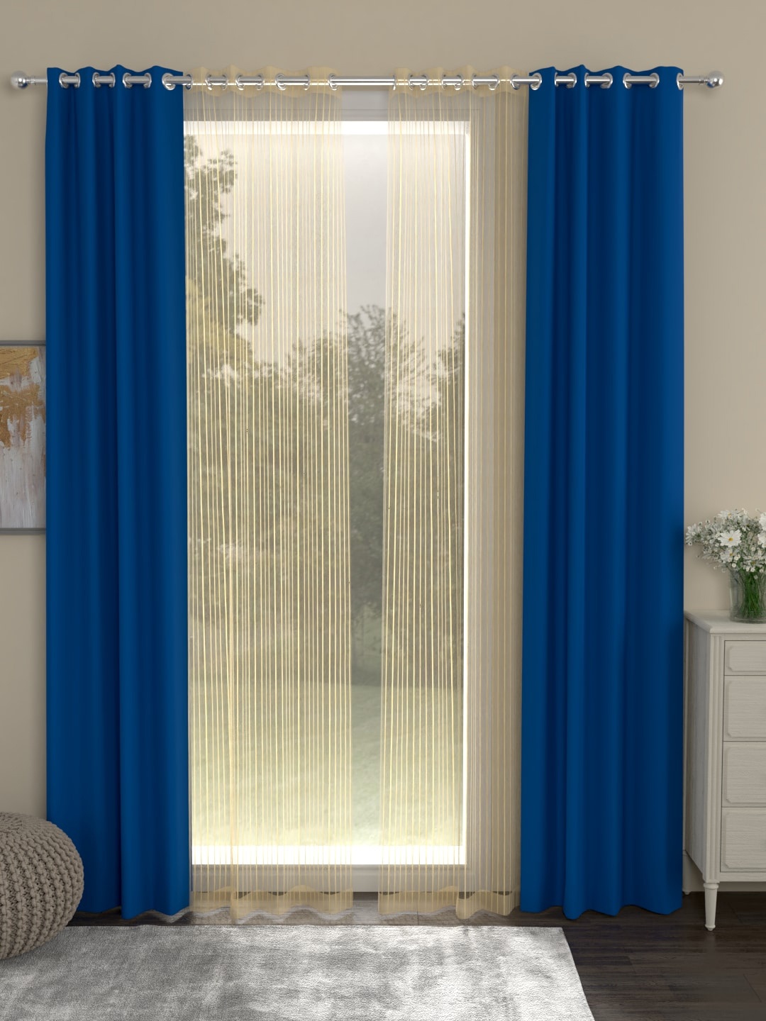 

ROSARA HOME Blue & Transparent Set of 4 Black Out Eyelet Long Door Curtains