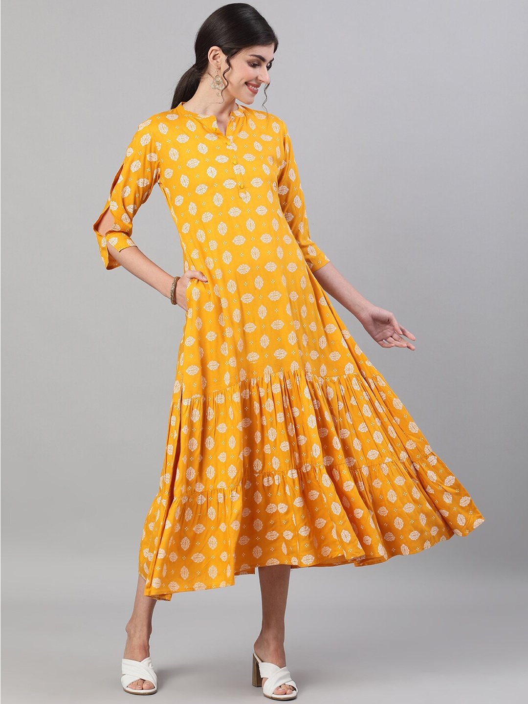 

GULMOHAR JAIPUR Women Yellow Printed A-Line Dress