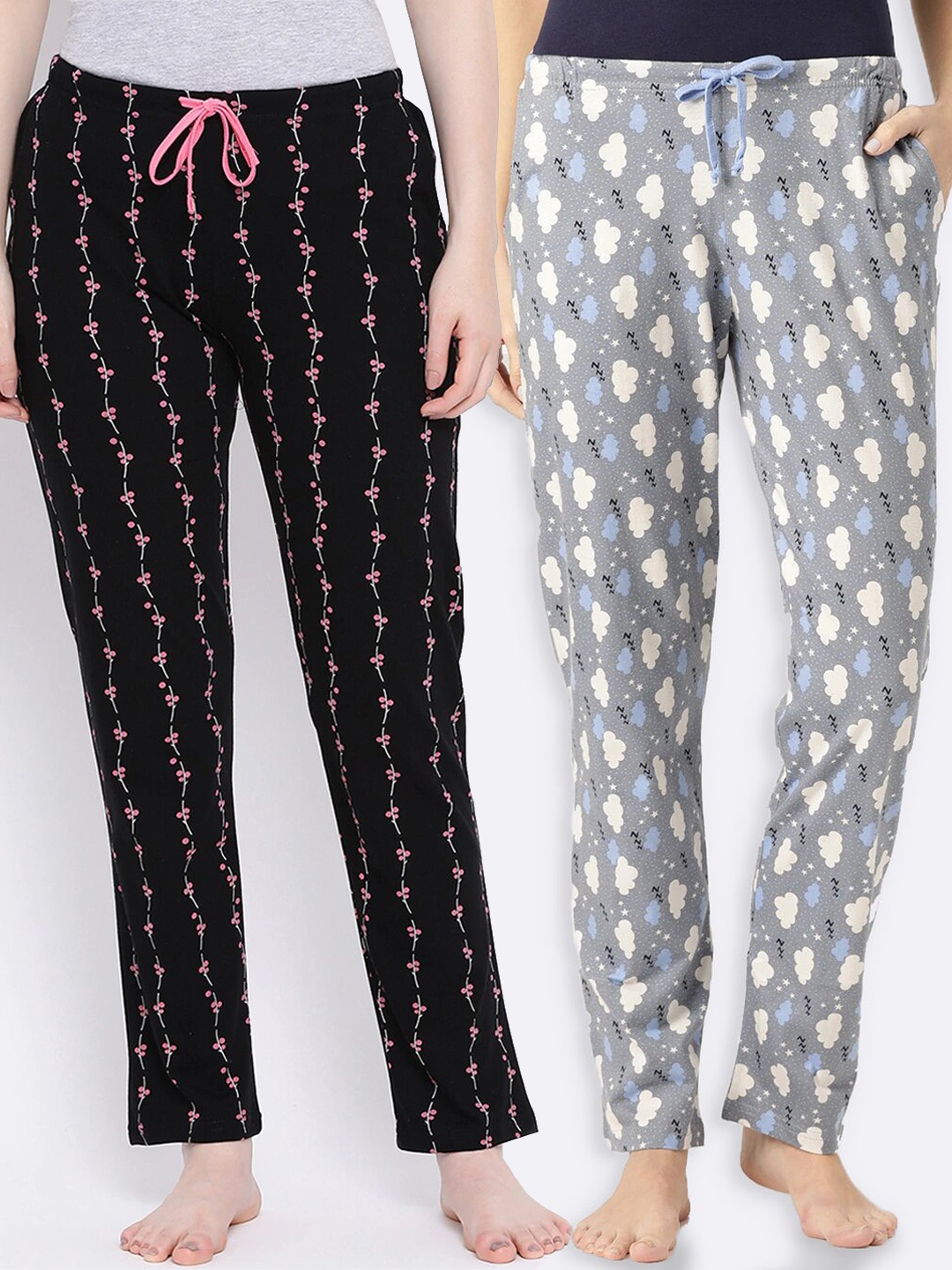 

Kanvin Women Pack Of 2 Printed Cotton Lounge Pants PJ1036+PJ1080, Grey