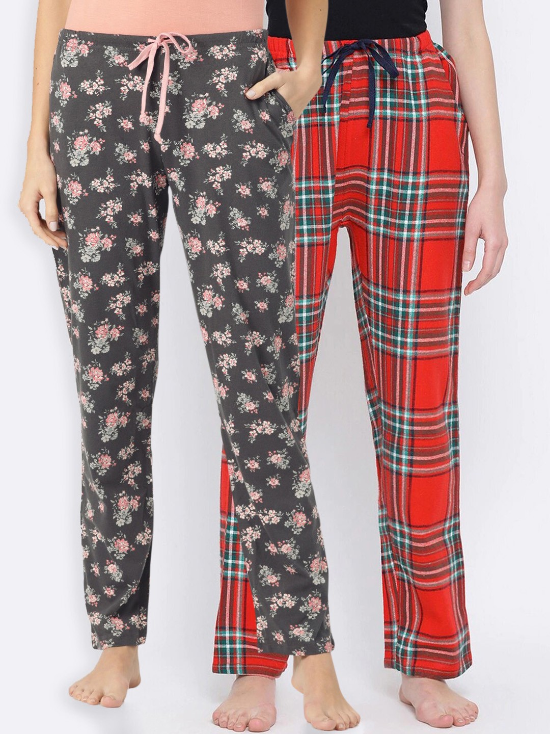 

Kanvin Women Pack of 2 Charcoal Grey & Red Lounge Pants