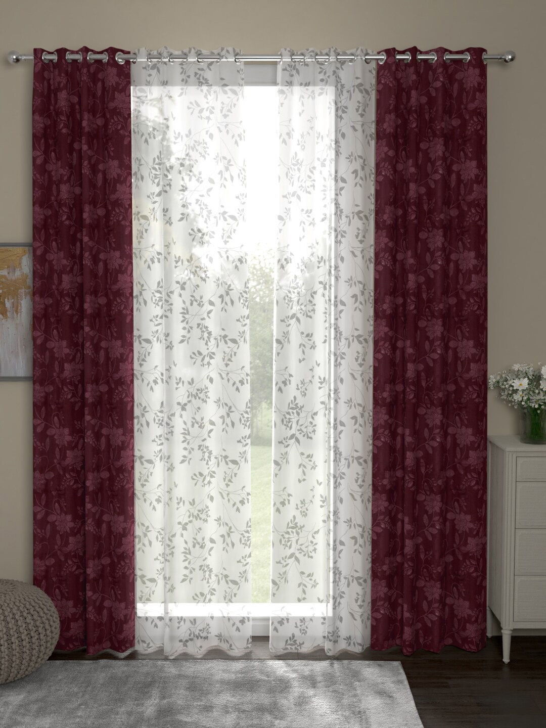 

ROSARA HOME Maroon & White Set of 4 Regular & Sheer Long Door Curtains