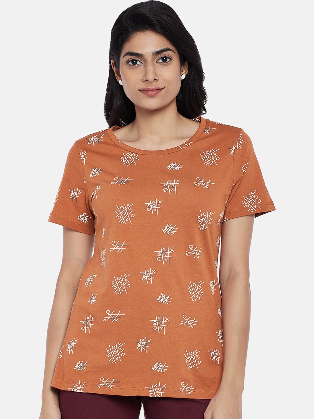 

Honey by Pantaloons Women Orange White Printed Round Neck Pure Cotton T-shirt
