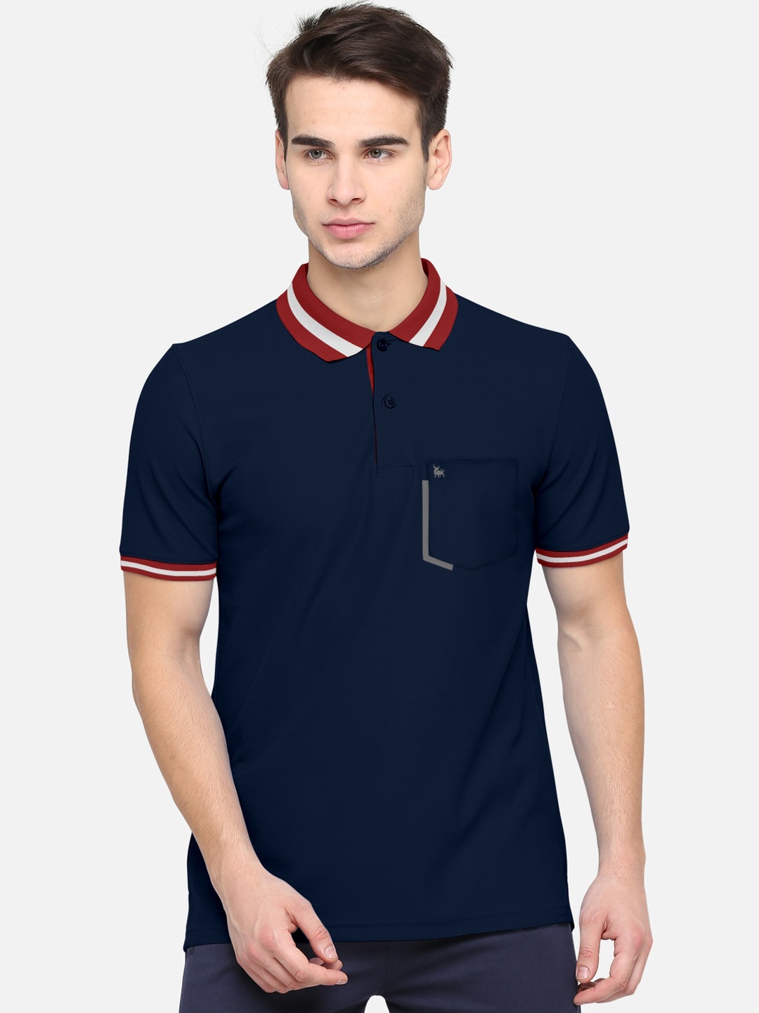 

BULLMER Men Navy Blue Solid Cotton Polo Collar T-shirt