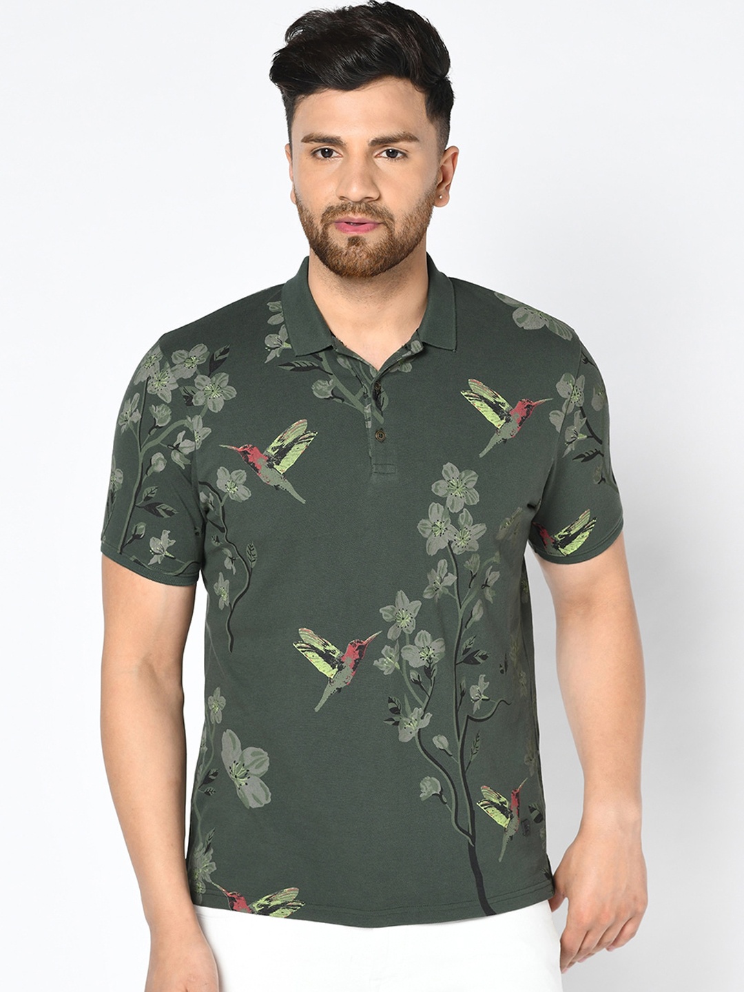

Blackberrys Men Olive Green Printed Polo Collar T-shirt