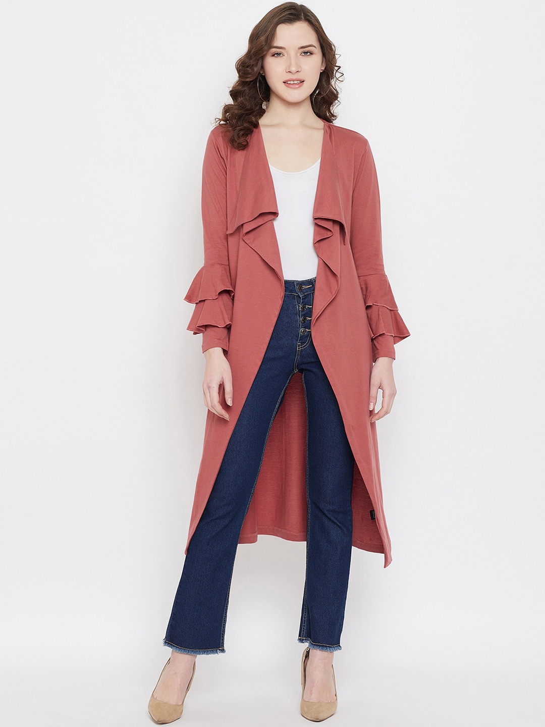 

Hypernation Women Rust Brown Solid Cotton Open Front Shrug