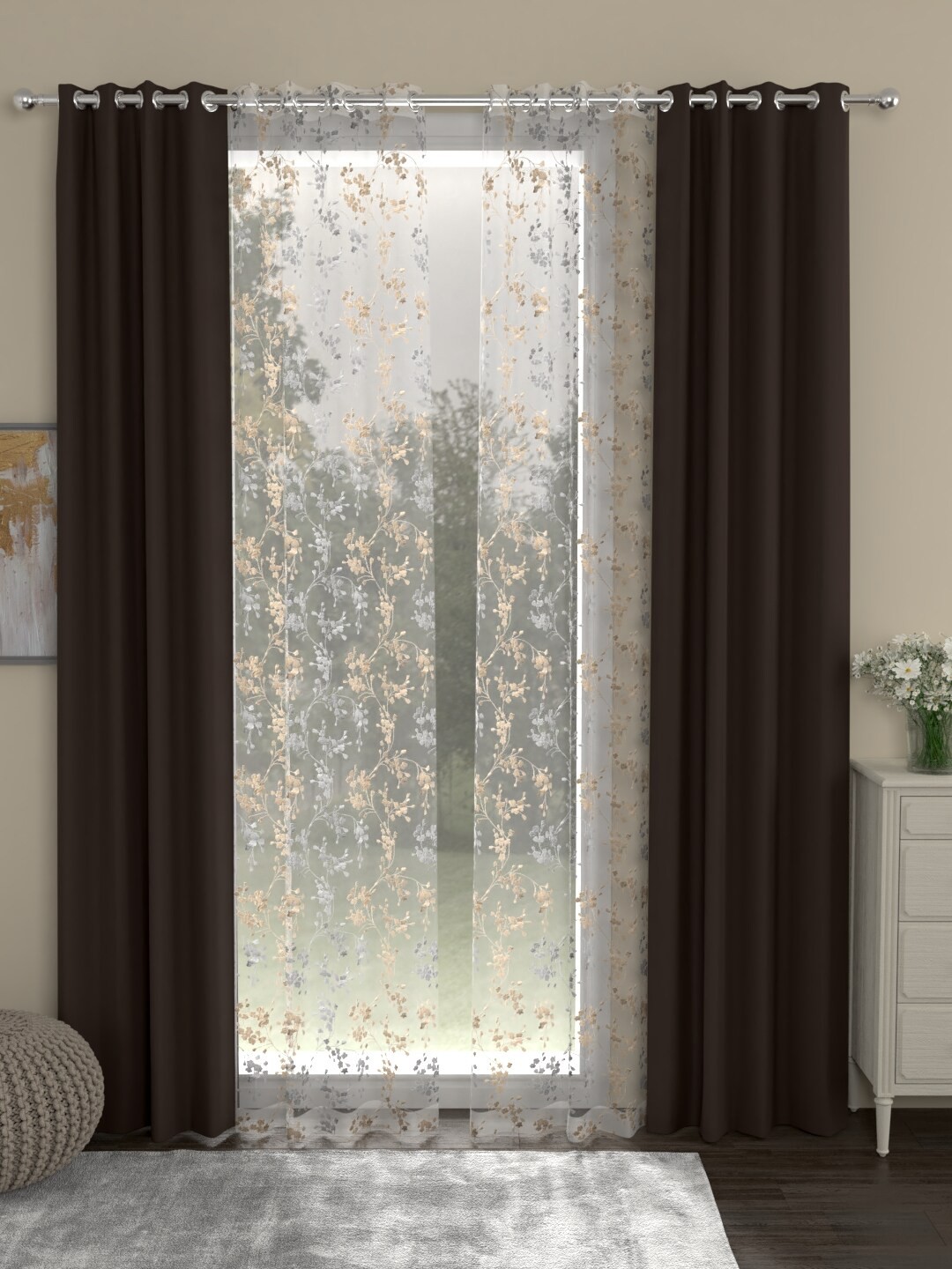 

ROSARA HOME Coffee Brown & White Set of 4 Long Door Curtains