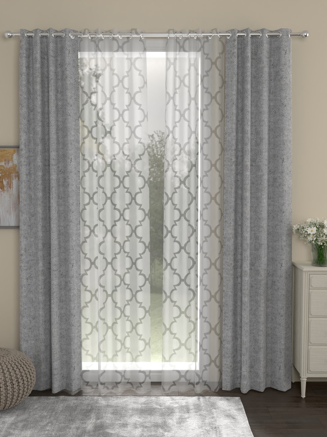 ROSARA HOME Grey & White Sheer Set of 4 Eyelet Long Door Curtains