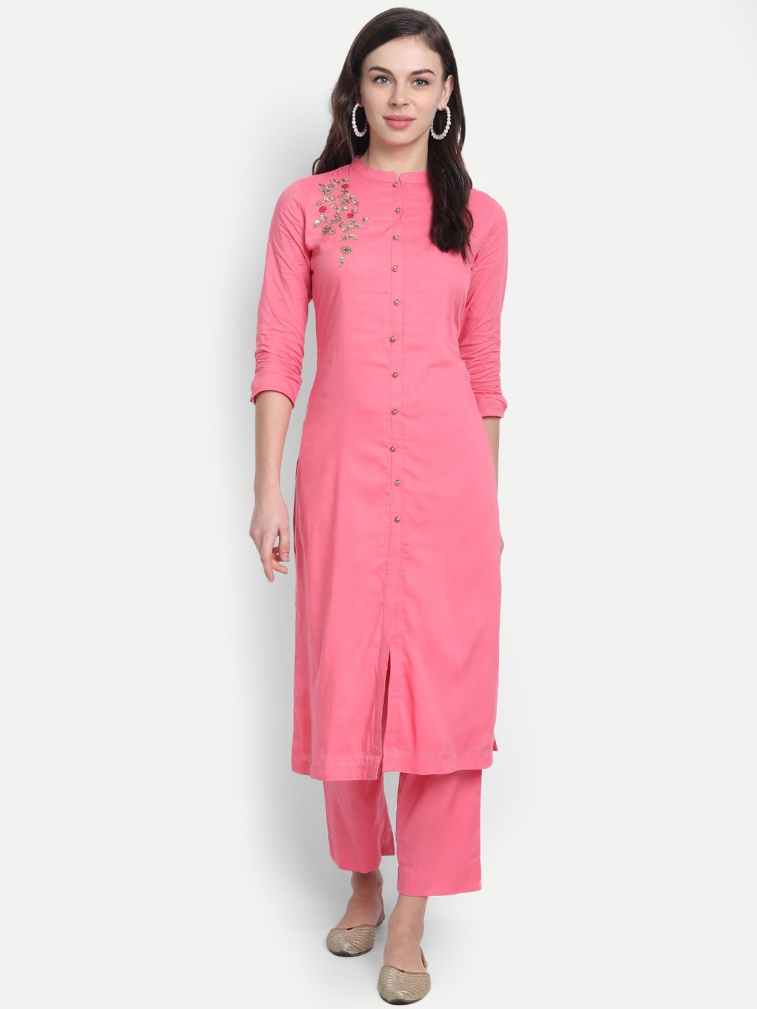 

fabGLOBAL Women Pink & Green Floral Embroidered Handloom Kurta with Trousers