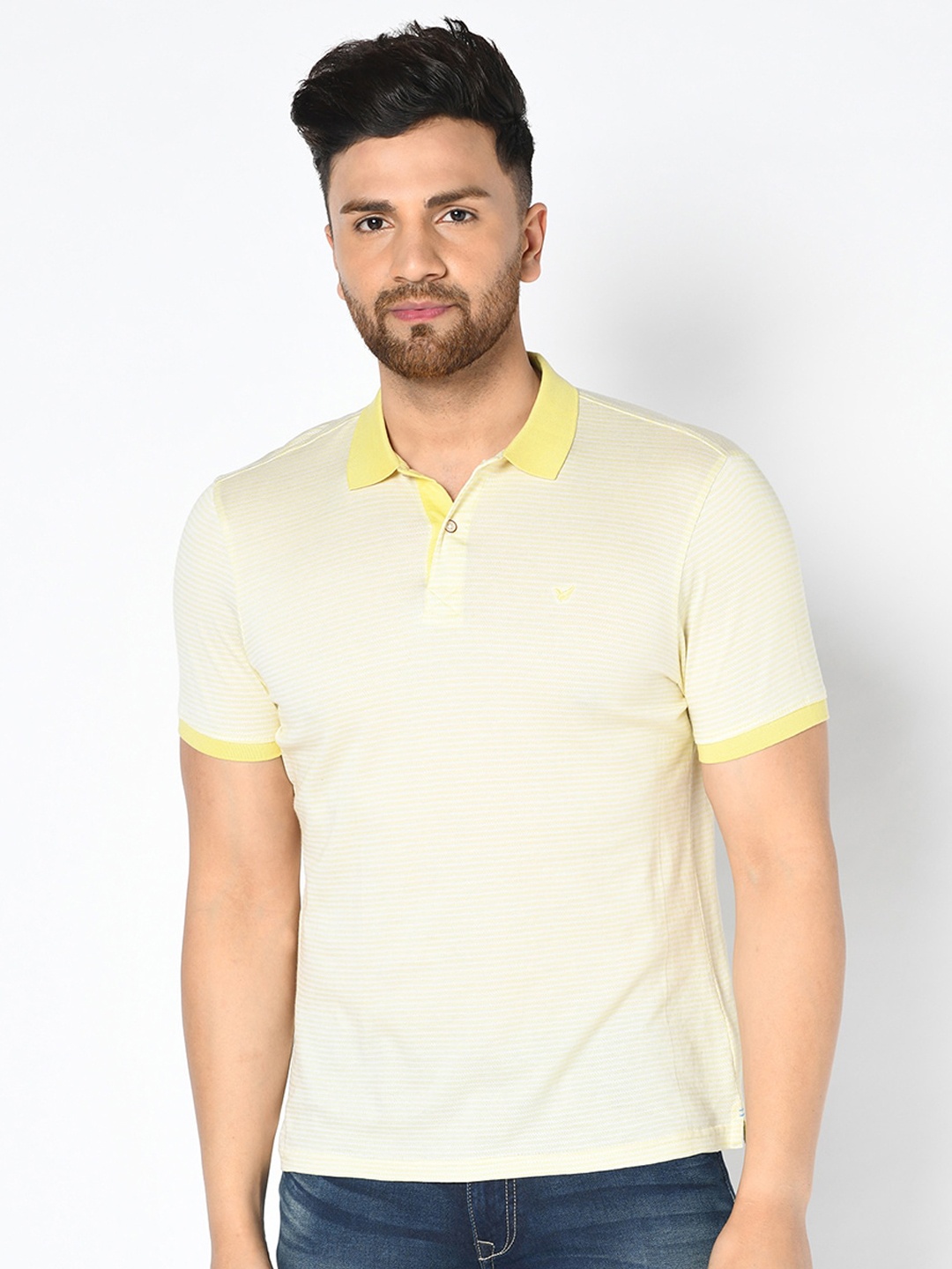 

Blackberrys Men Yellow Slim Fit Striped Polo Collar T-shirt