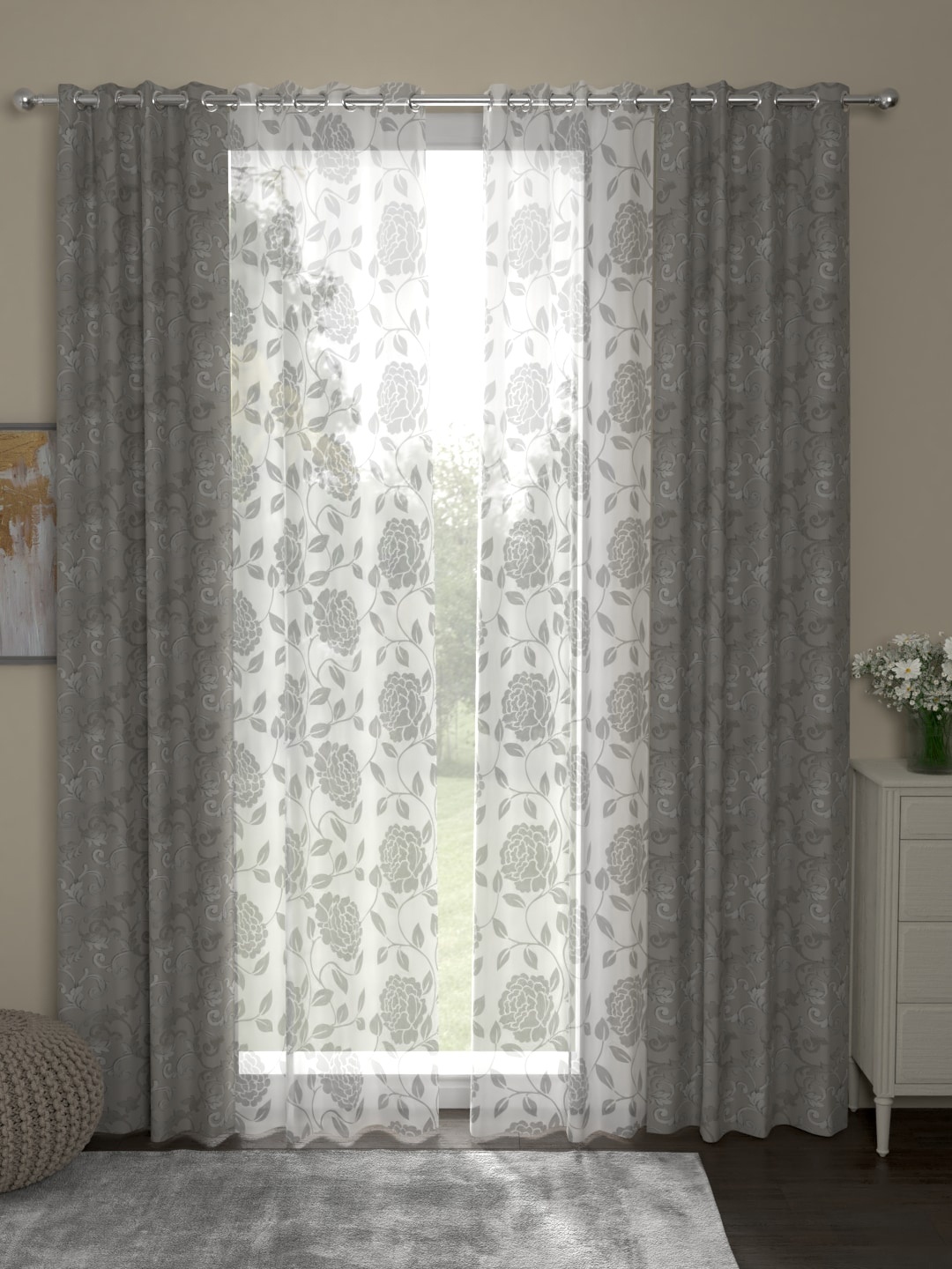 

ROSARA HOME Grey & White Set of 4 Regular & Sheer Long Door Curtains