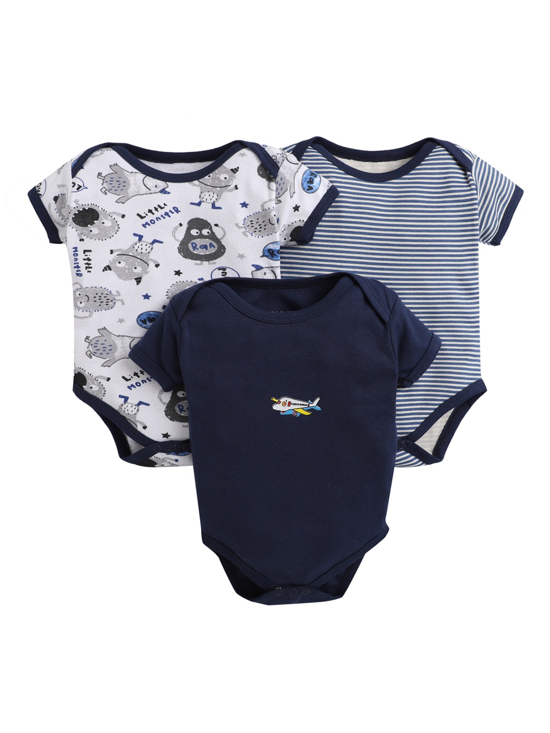 

BUMZEE Unisex Navy Blue & White Pack Of 3 Printed Bodysuits