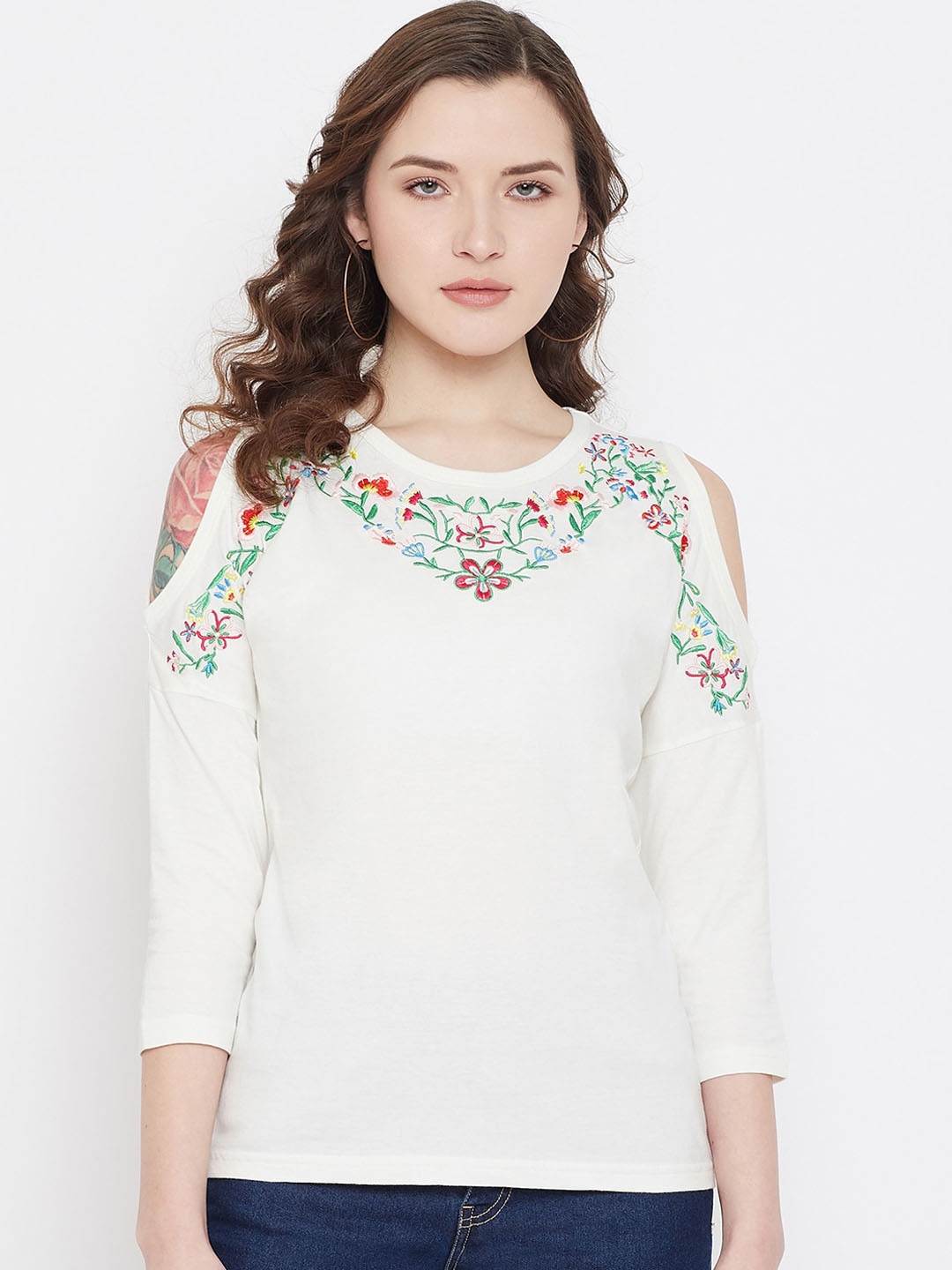 Hypernation Women Off-White Solid Round Neck T-shirt