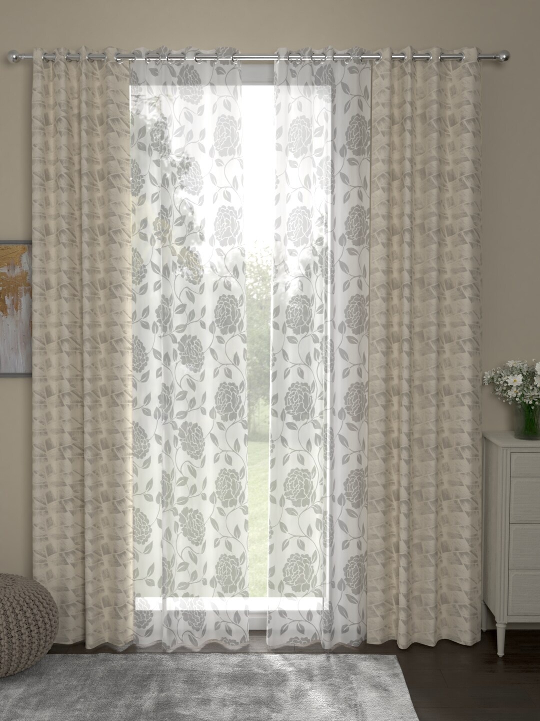 

ROSARA HOME Beige & White Set of 4 Long Door Curtains