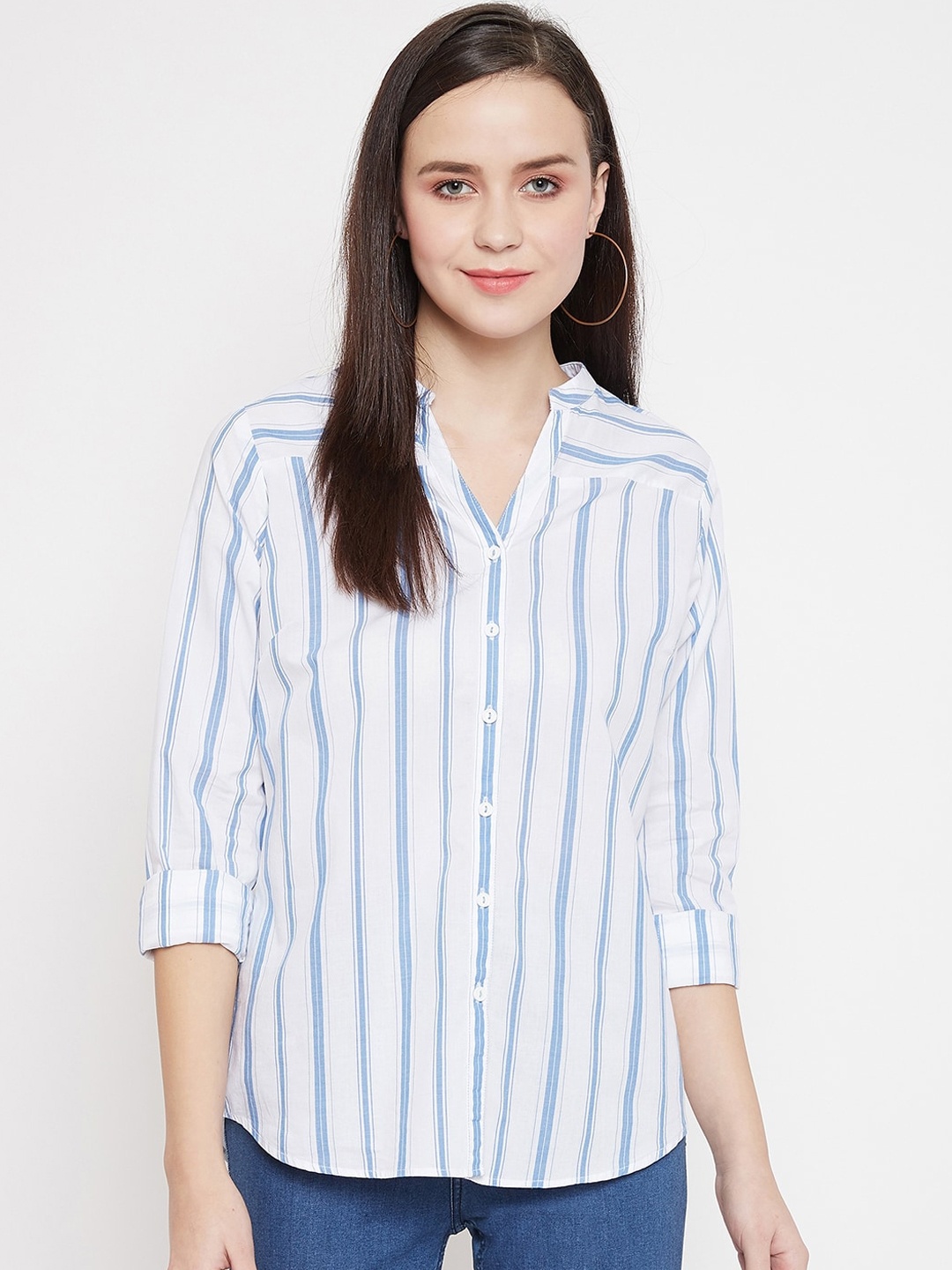

Crimsoune Club Women White & Blue Slim Fit Striped Cotton Casual Shirt