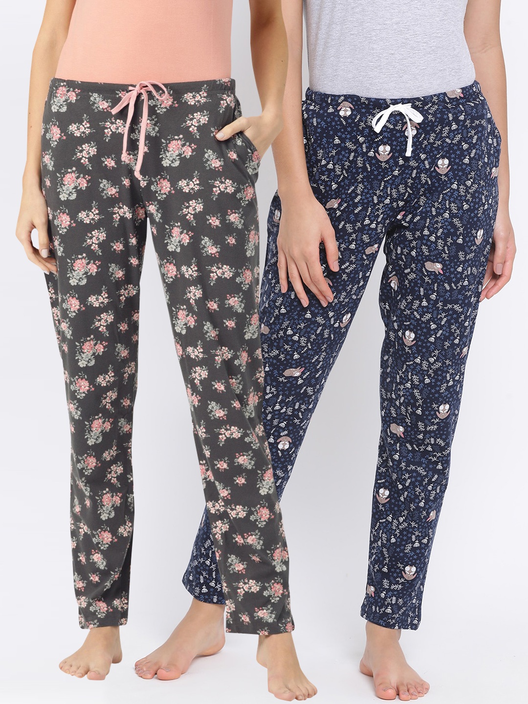 Kanvin Women Pack Of 2 Printed Lounge Pants, Charcoal