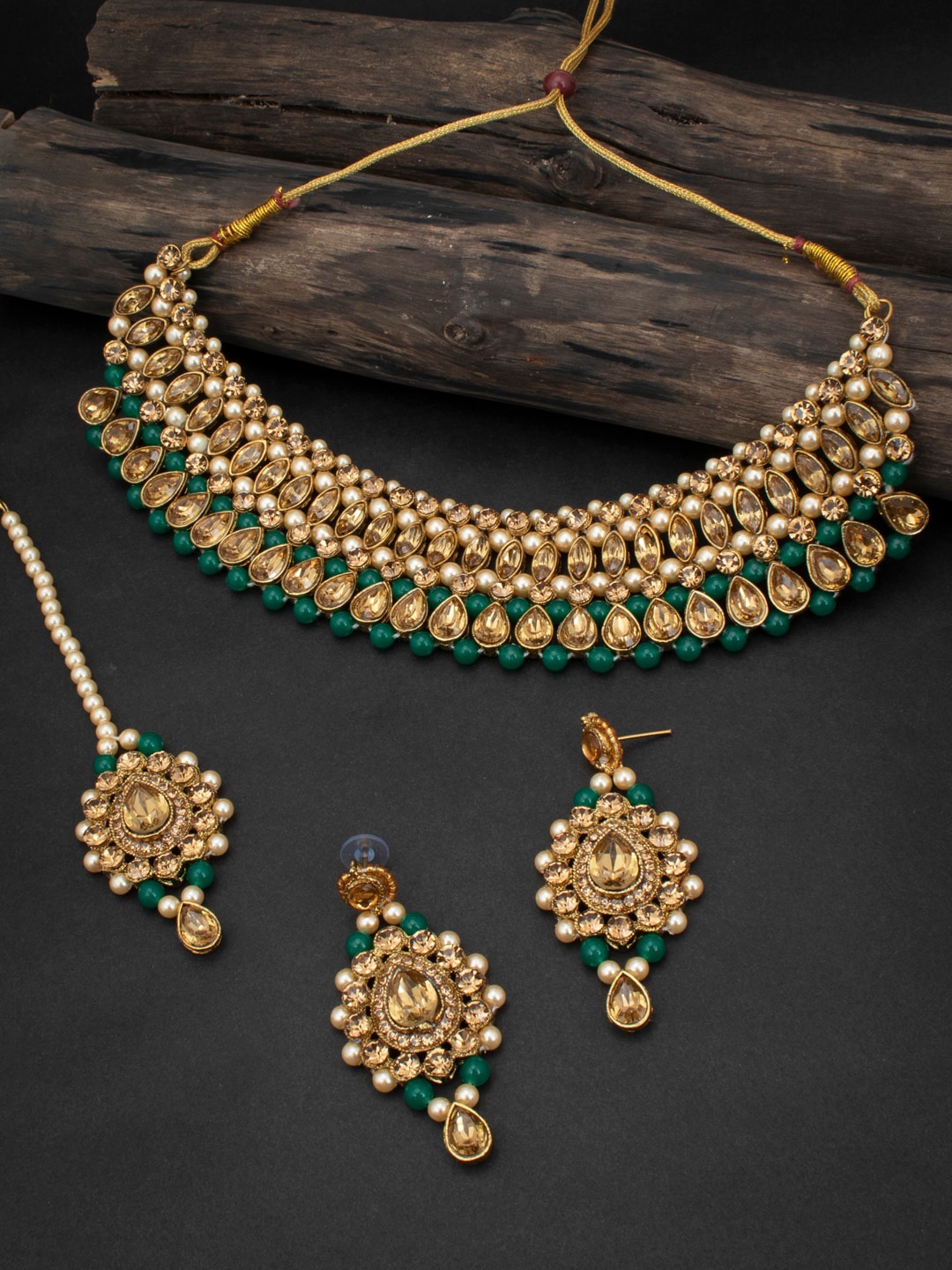 

Sukkhi LCT Gold-Plated Off-White & Green Stone-Studded & Beaded Sustainable Choker Necklace Set