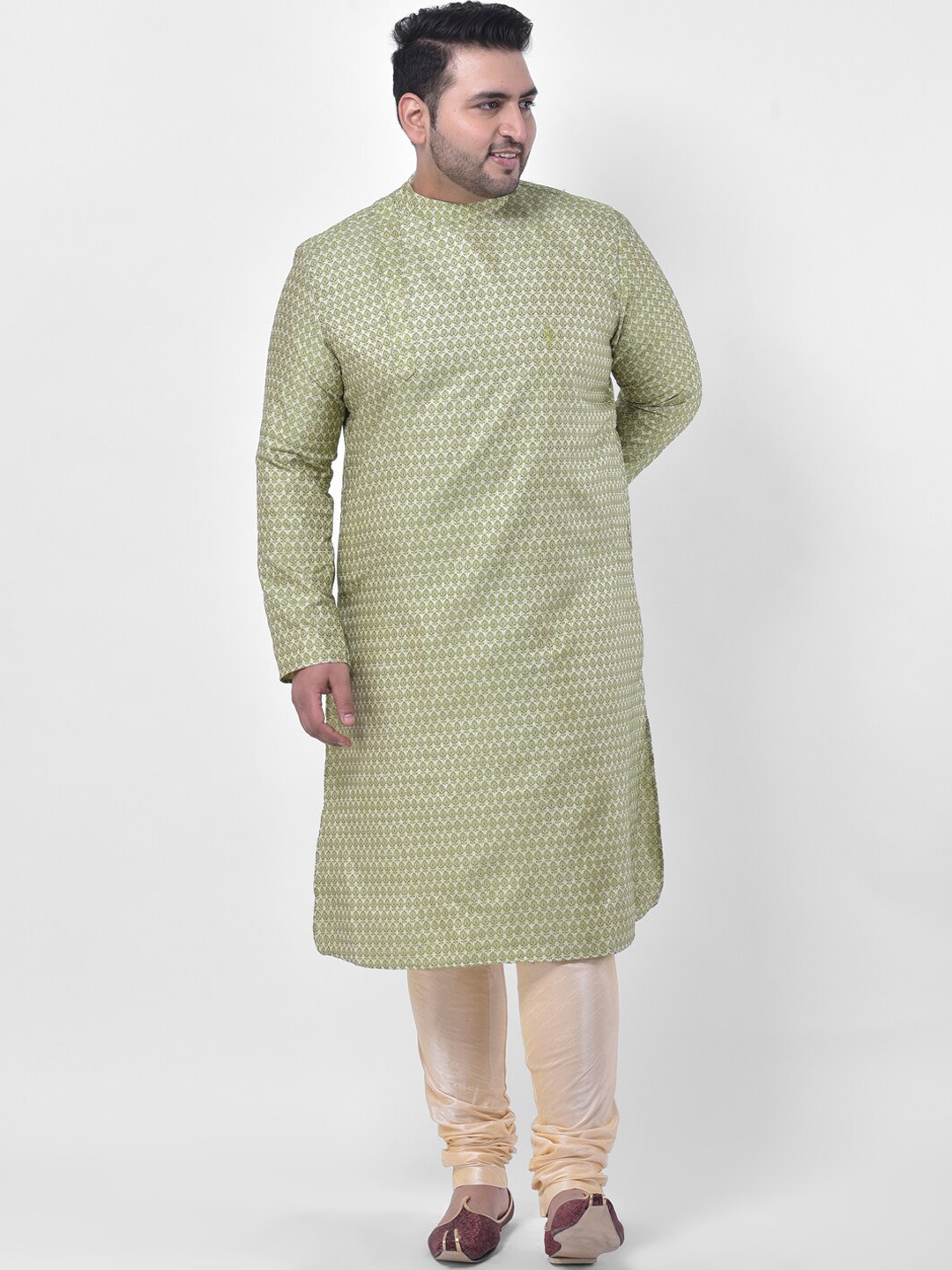 

DEYANN PLUS Men Plus Size Green Woven Design Jacquard Silk Kurta