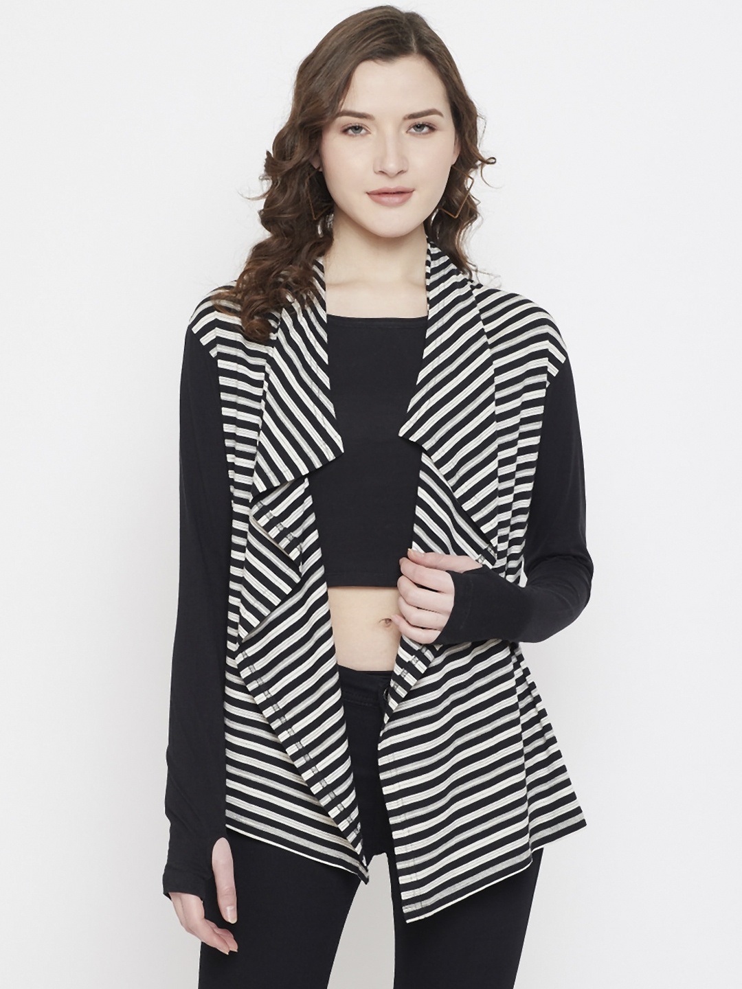 Hypernation Women Black & Grey Striped Open Front Shrug
