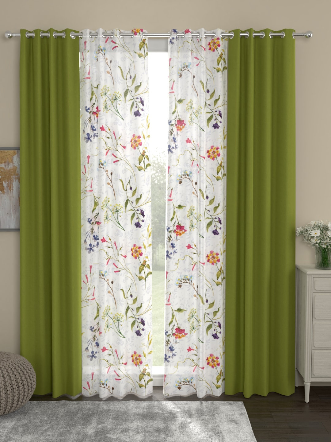 

ROSARA HOME Green & White Set of 4 Long Door Curtains