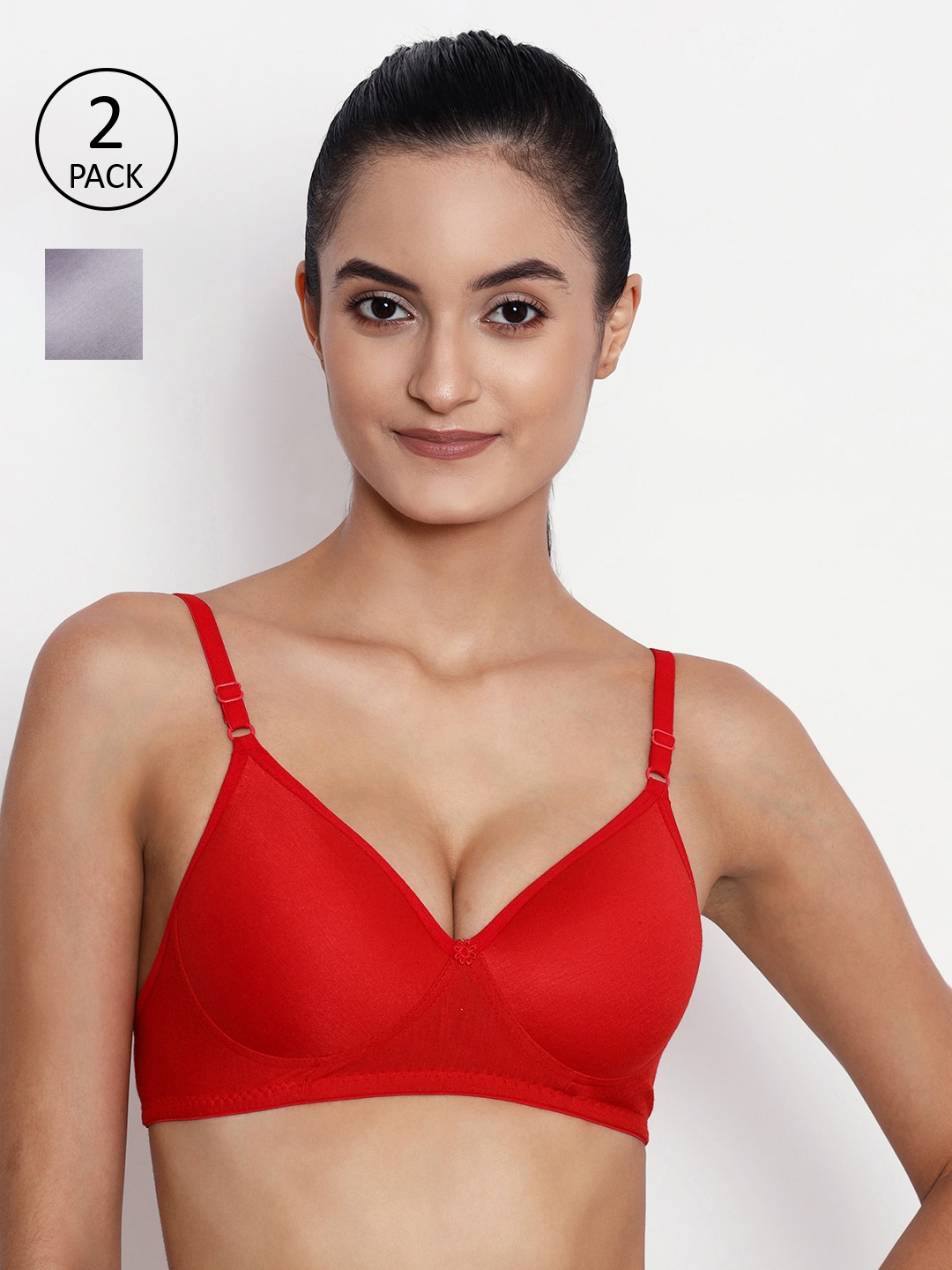 

ABELINO Pack Of 2 Solid Non-Wired Lightly Padded T-shirt Bra COMBOYASHIREDGREY, Red