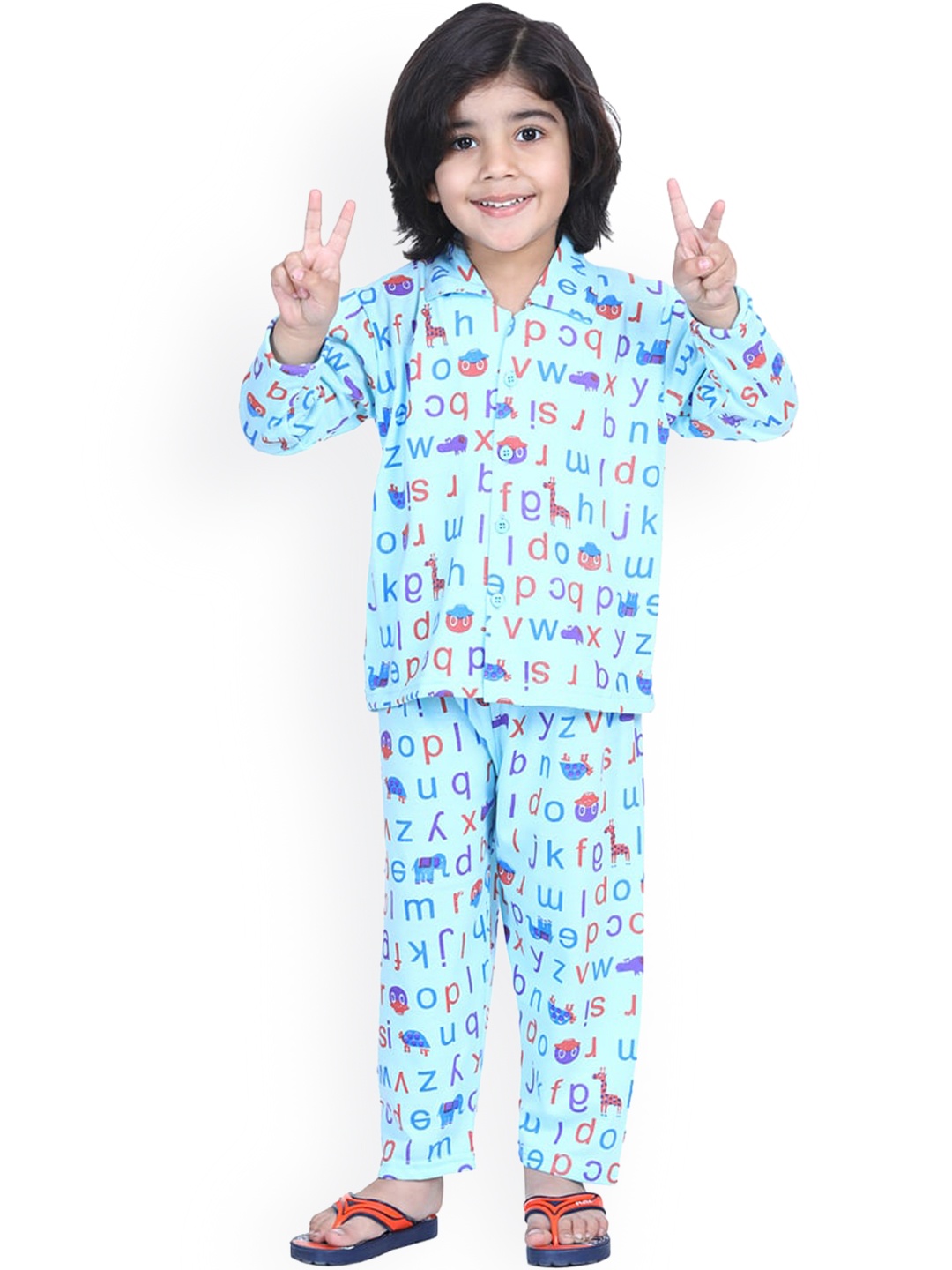 

Aj DEZInES Boys Turquoise Blue & Red Printed Night suit