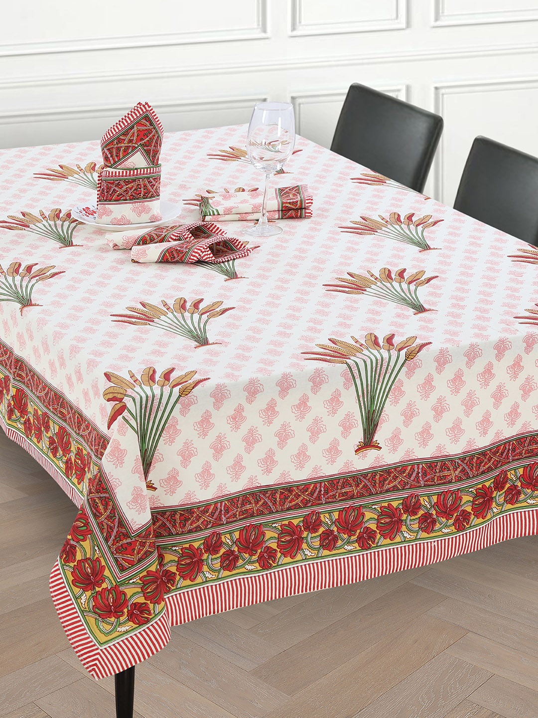 

Salona Bichona Set of 7 White & Pink Printed Cotton Dining Table Cover With Napkins, Maroon