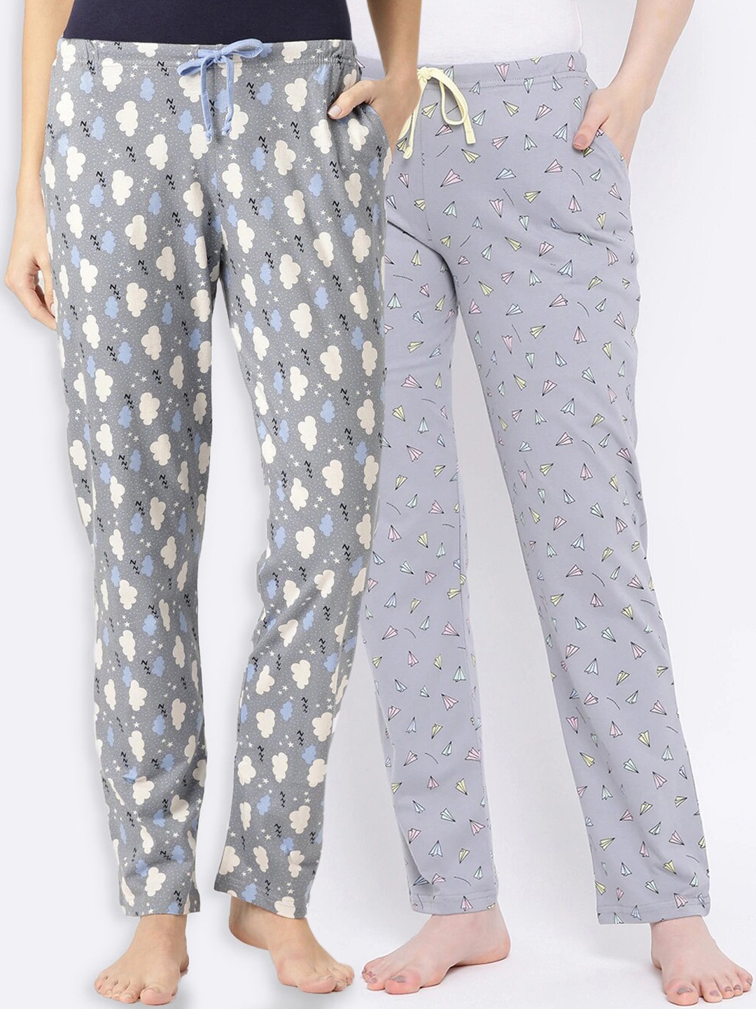 

Kanvin Women Pack Of 2 Grey Printed Cotton Lounge Pants PJ1036+PJ1069