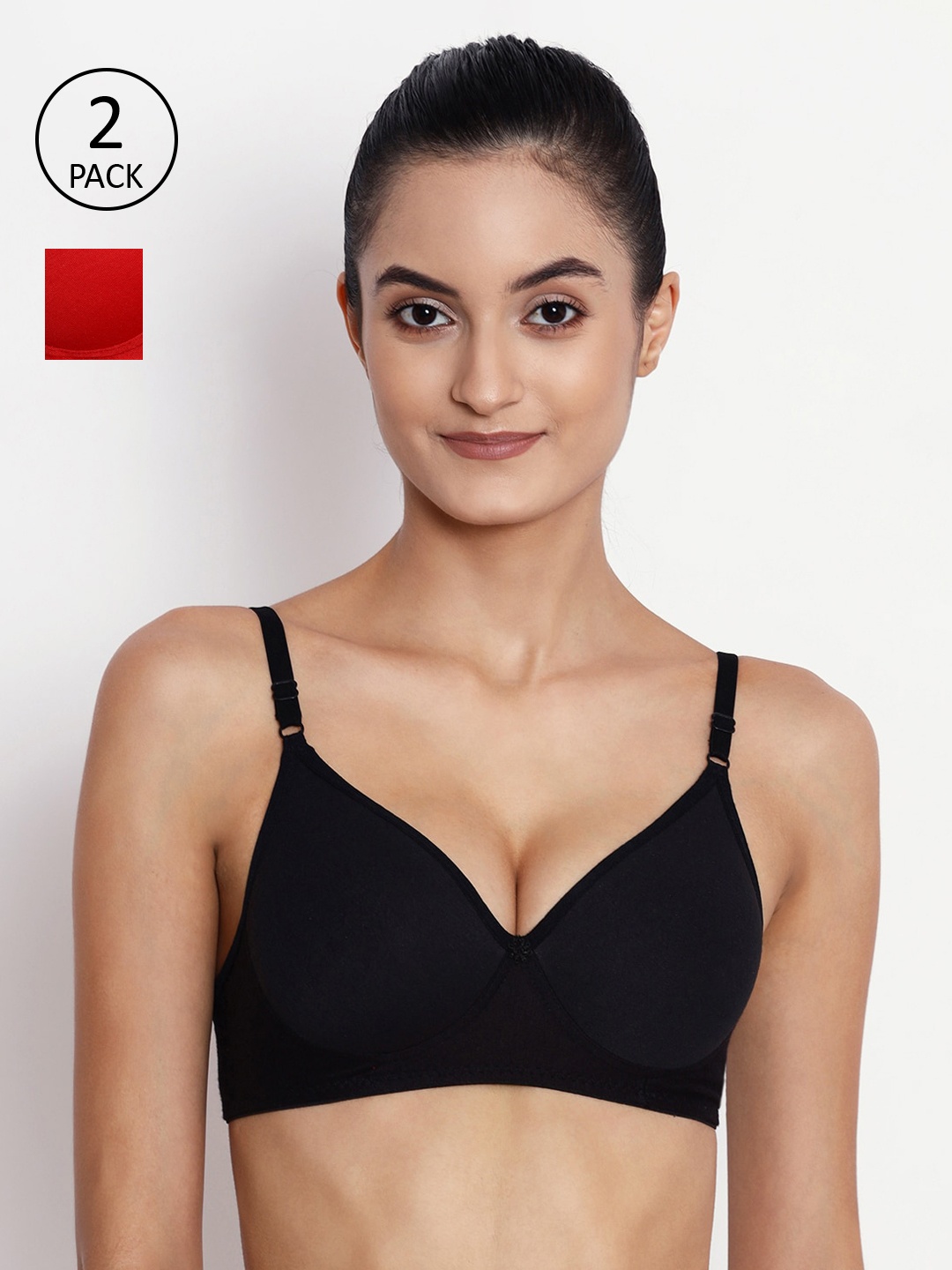 

ABELINO Pack Of 2 Solid Non-Wired Lightly Padded T-shirt Bra COMBOYASHIBLACKRED, Black
