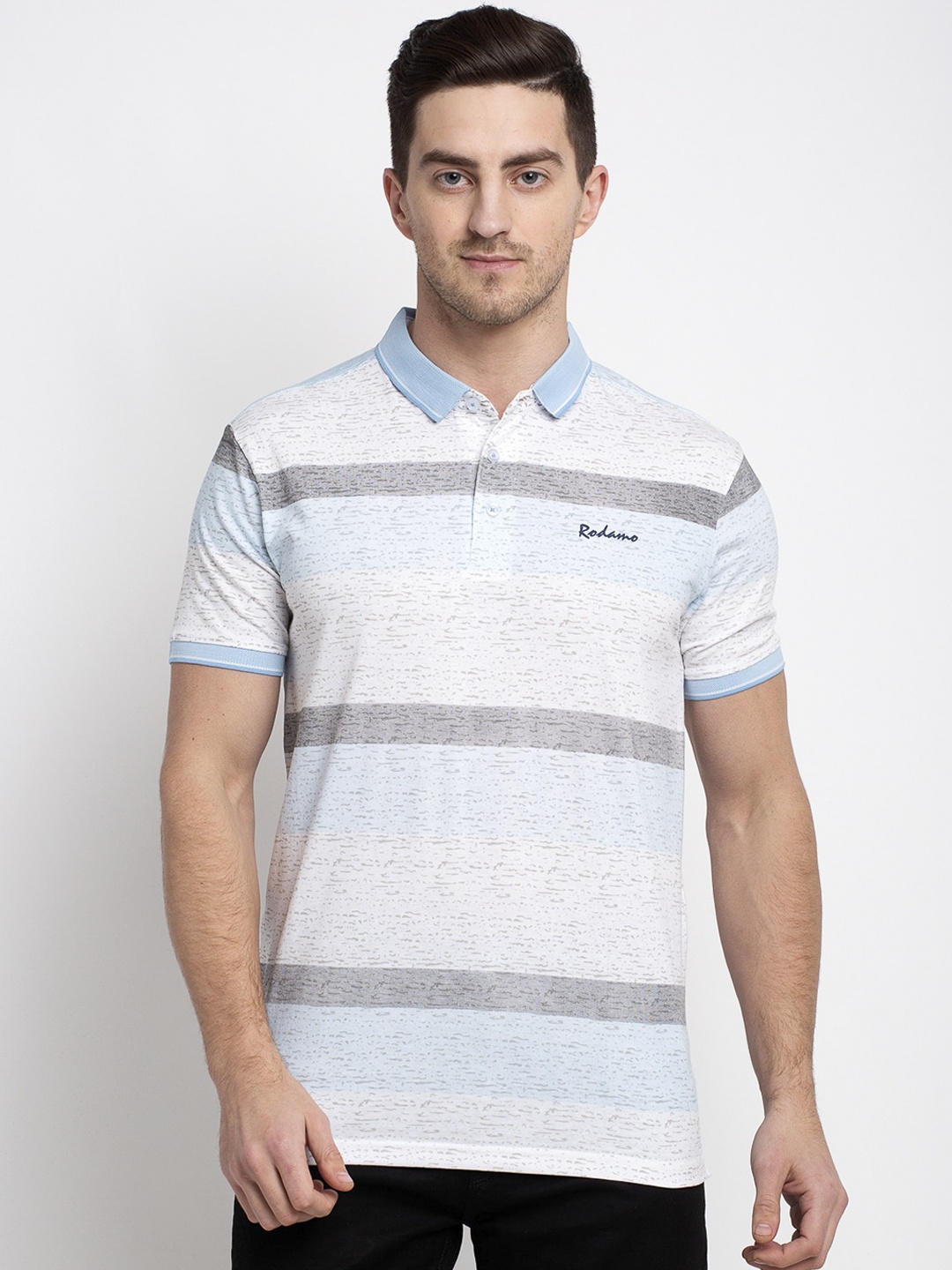 

Rodamo Men Blue Slim Fit Striped Polo Collar T-shirt