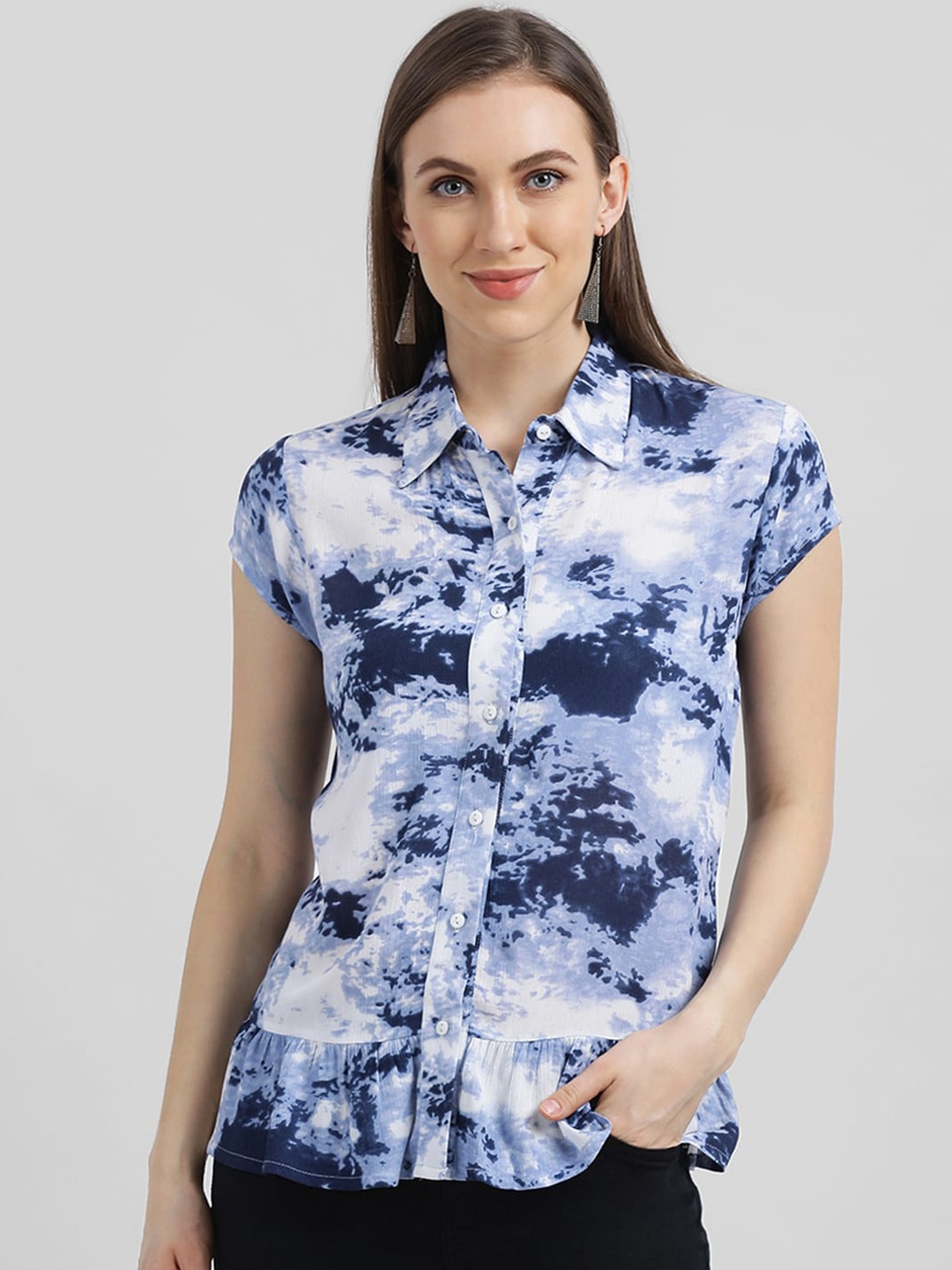 

Zink London Women Blue & White Dyed Shirt Style Top