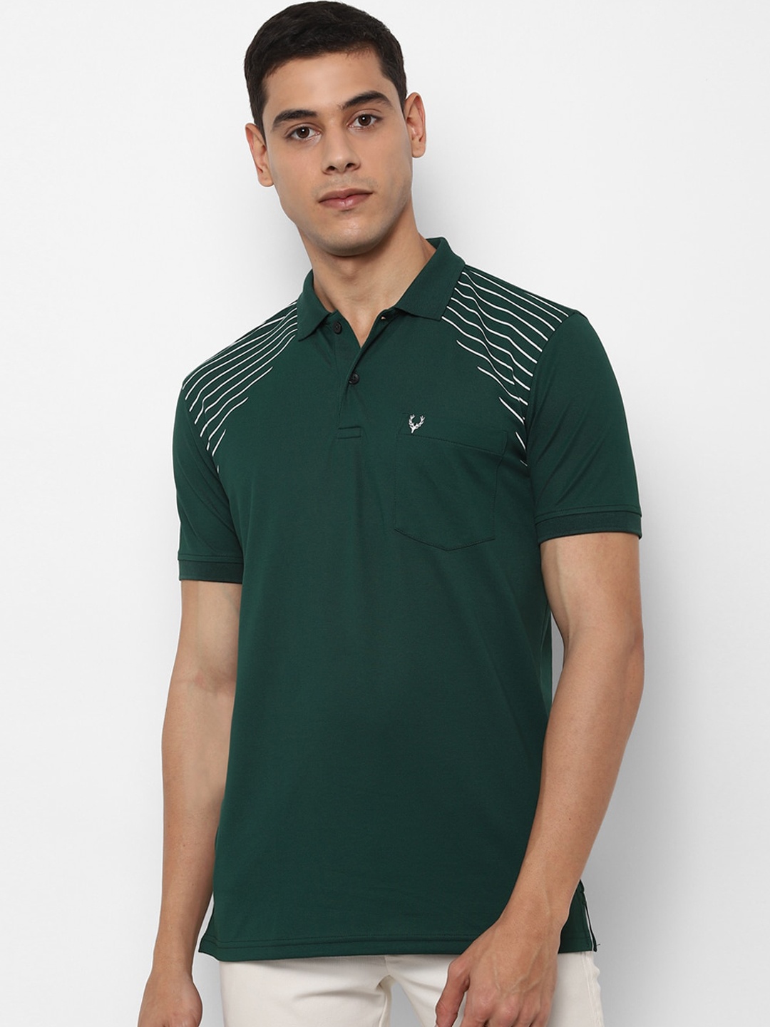 

Allen Solly Men Green Solid Polo Collar Cotton Pure Cotton T-shirt