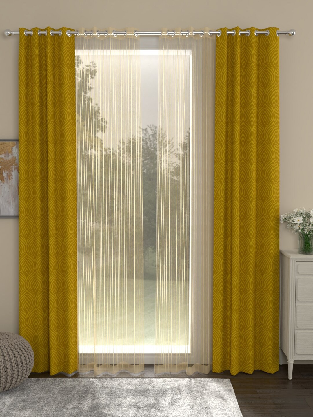 

ROSARA HOME Gold-Toned Set of 4 Jacquard Long Door Curtains