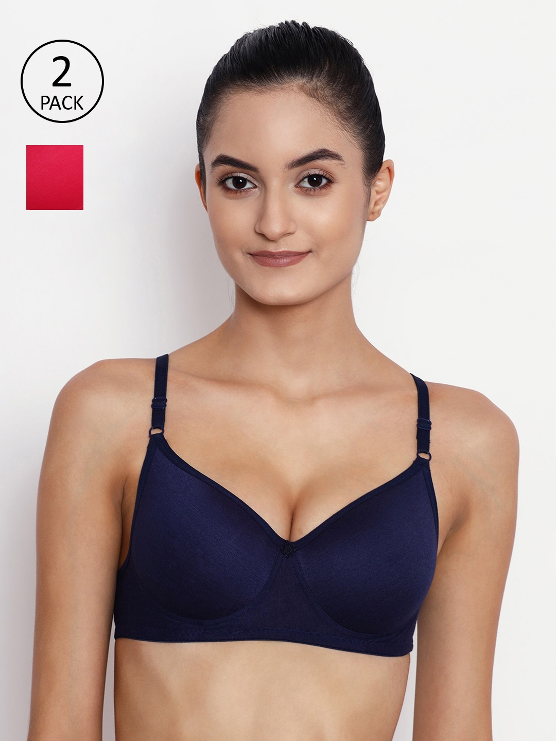 

ABELINO Pack of 2 Rose & Navy Blue Solid Non-Wired Lightly Padded T-shirt Bra