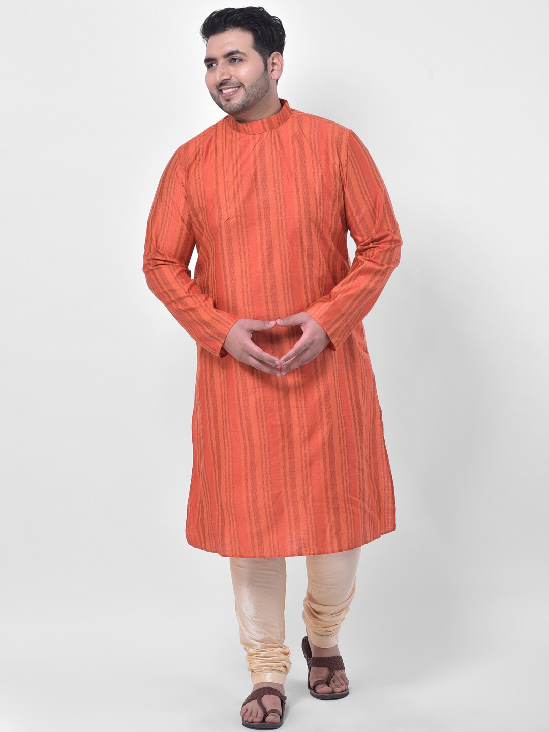 

Deyann plus men orange striped kurta