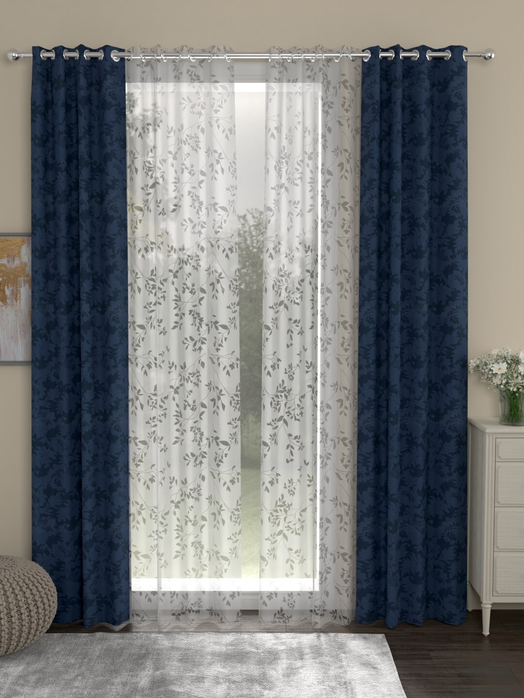

ROSARA HOME Navy Blue & White Set of 4 Floral Long Door Curtains