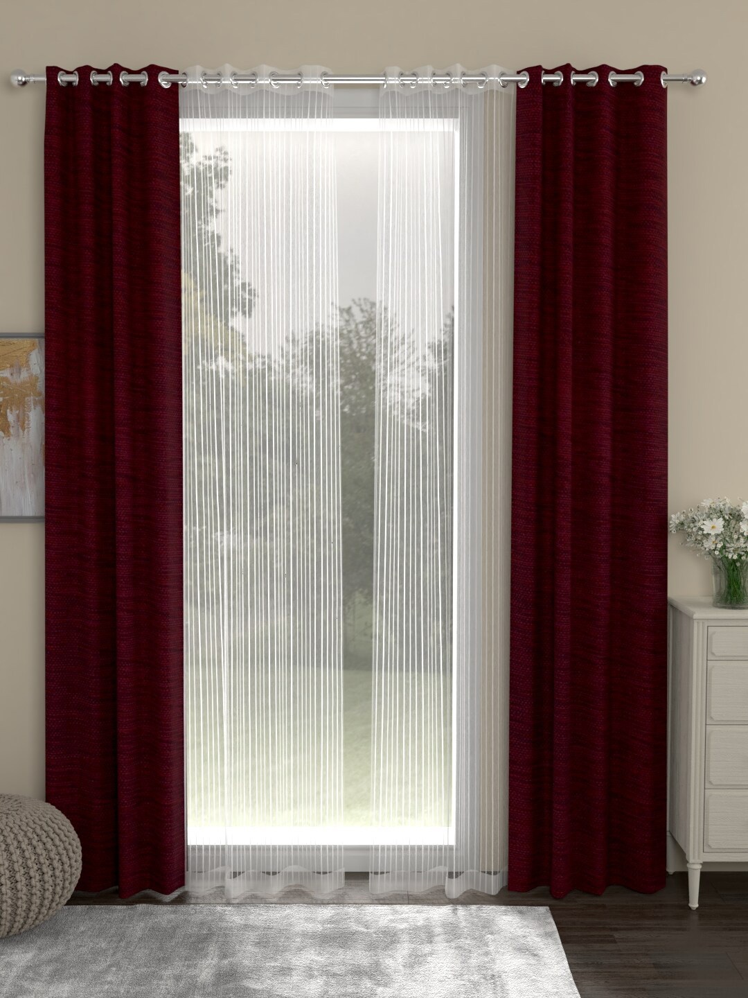 

ROSARA HOME Maroon & White Set of 4 Long Door Curtains