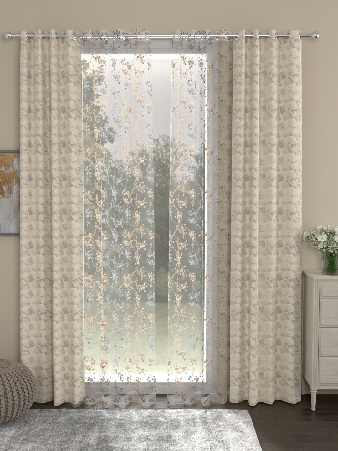 

ROSARA HOME Beige & Grey Set of 4 Floral Long Door Curtains
