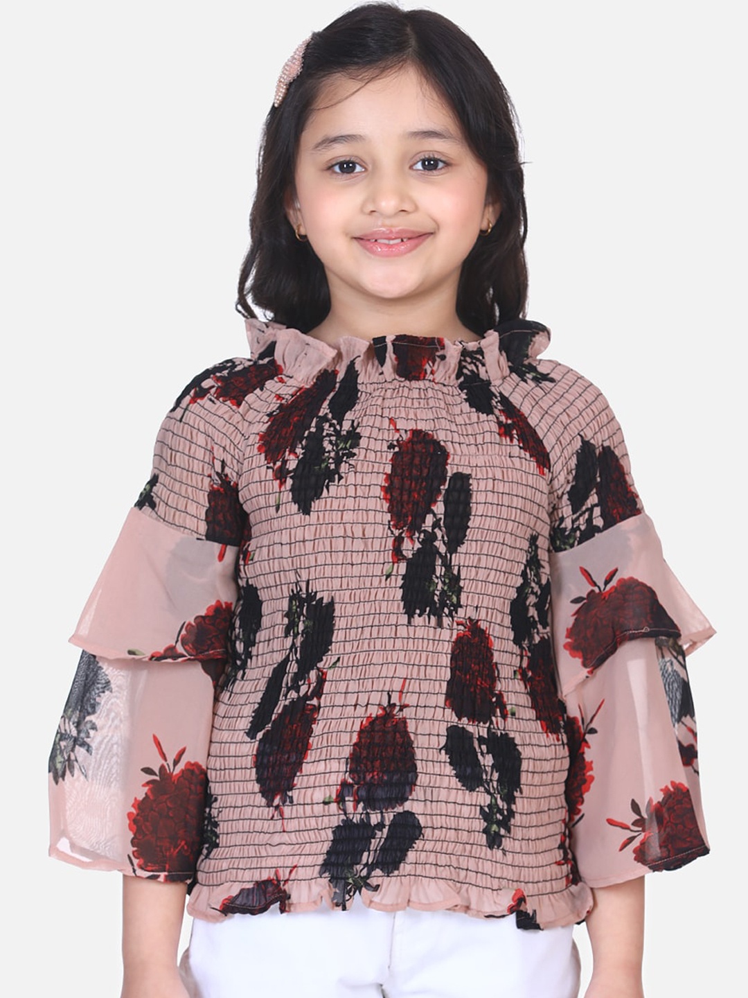 

Lilpicks Girls Beige Floral Printed bell Sleeves Smocking Top