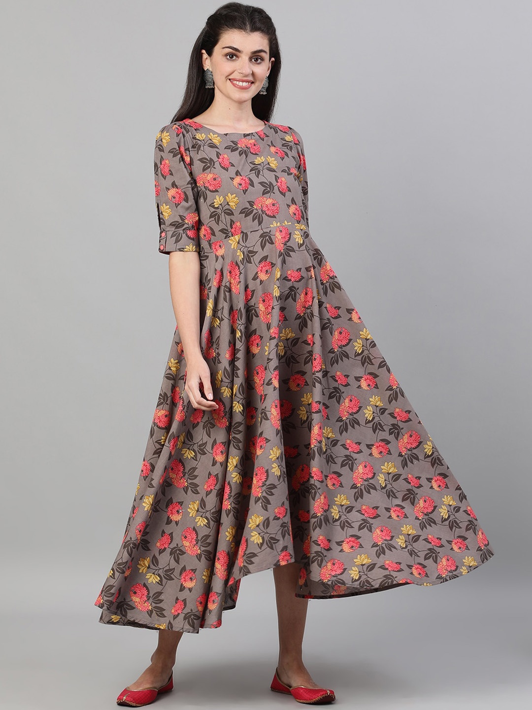 GULMOHAR JAIPUR Women Grey Printed Fit and Flare Dress
