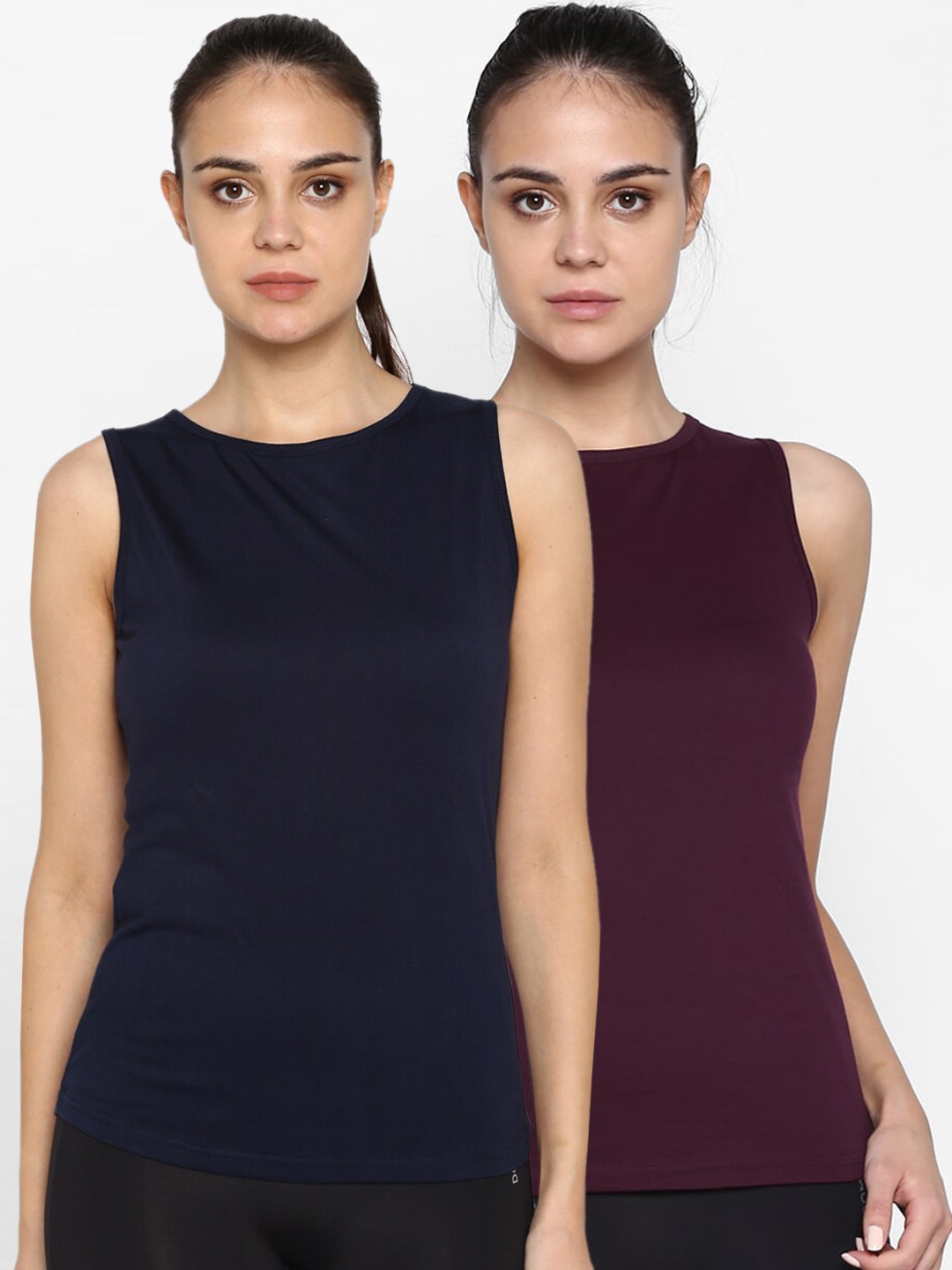 

appulse Women Pack Of 2 Navy Blue & Burgundy Solid Round Neck T-shirt