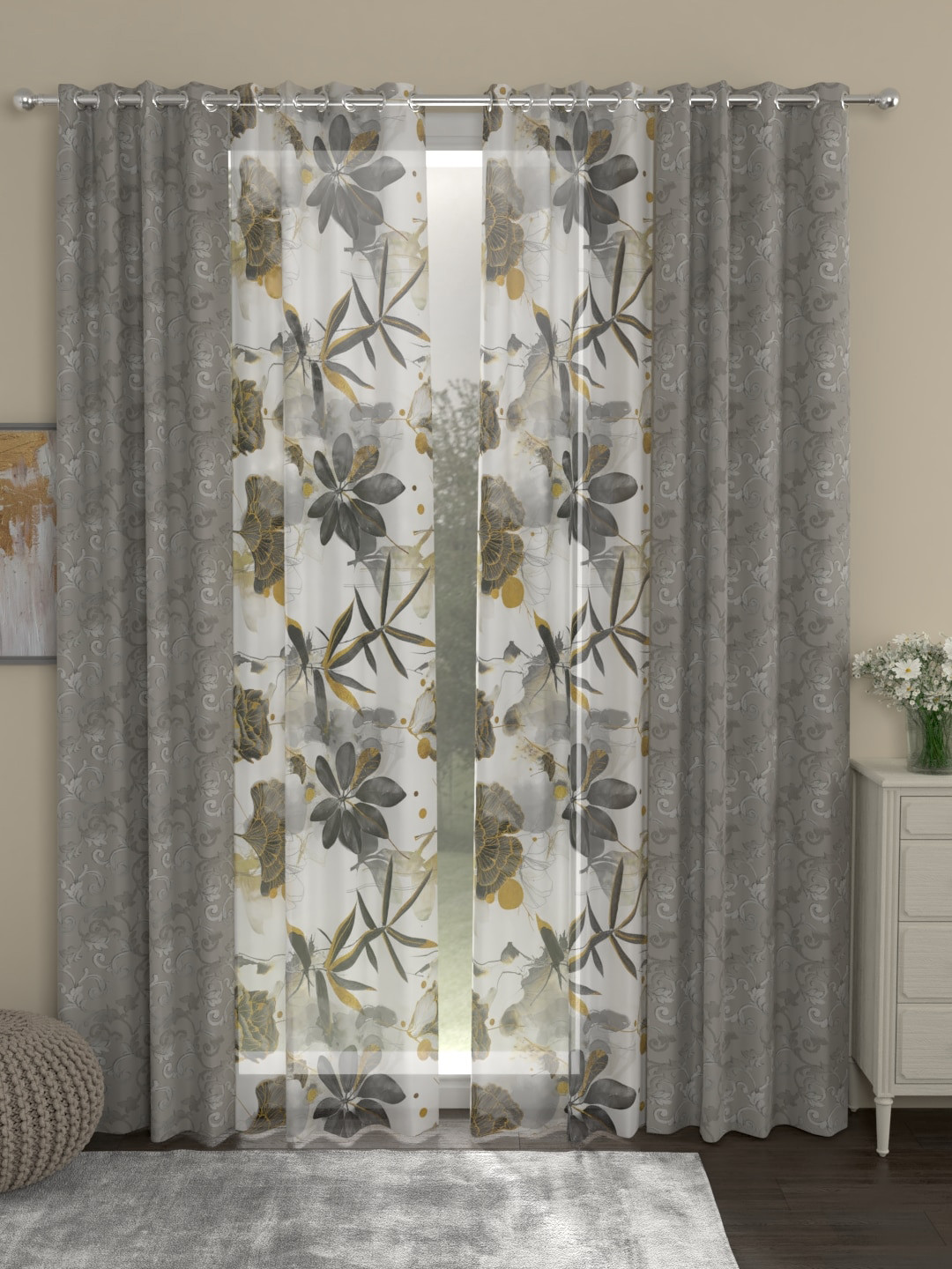 

ROSARA HOME Grey & Off-White Set of 4 Regular & Sheer Eyelet Long Door Curtains