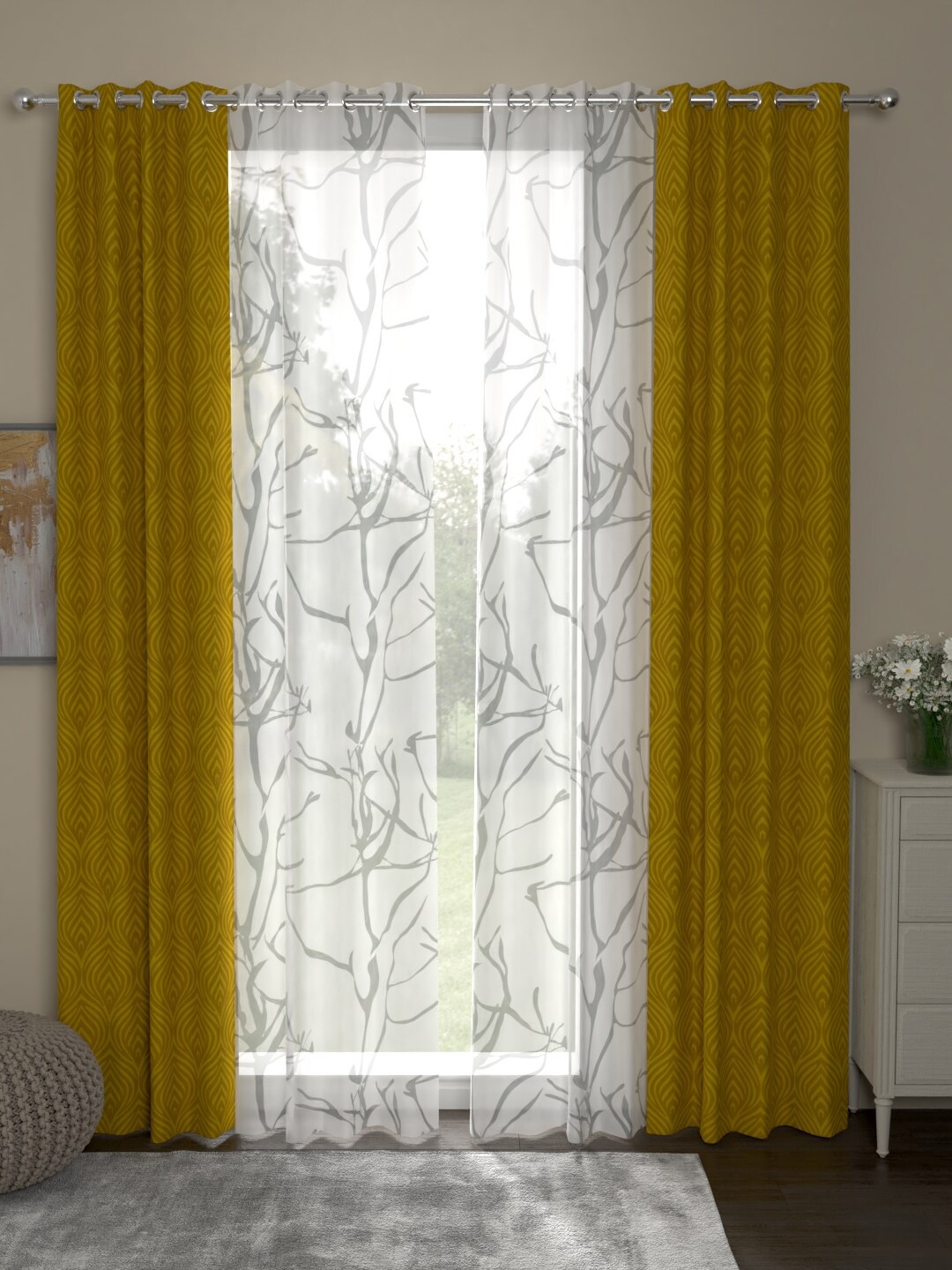 

ROSARA HOME Yellow & Transparent Set of 4 Long Door Curtains