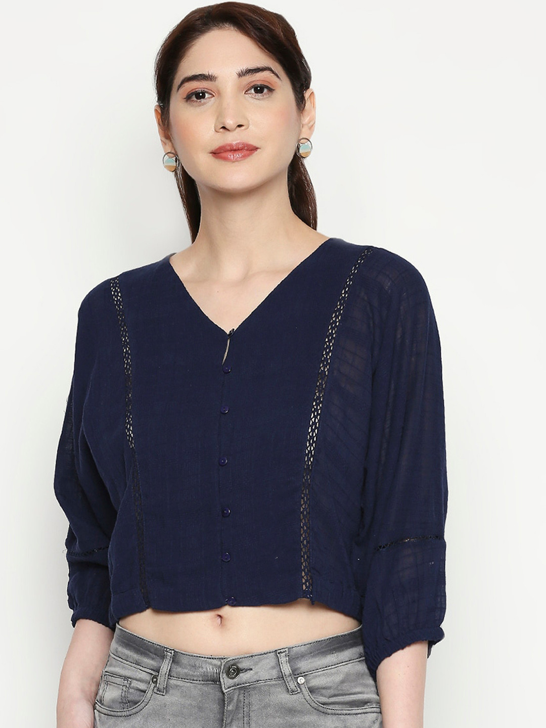 

People Women Navy Blue Crop Top
