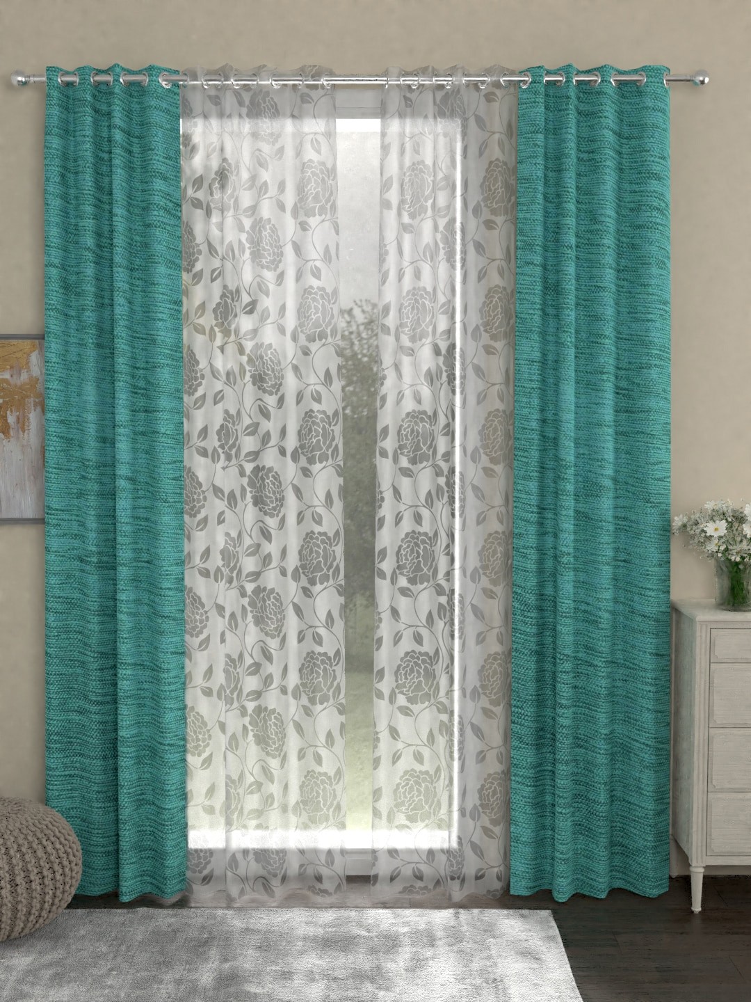 

ROSARA HOME Turquoise Blue Floral Pack of 4 Eyelet Regular and Sheer Long Door Curtains