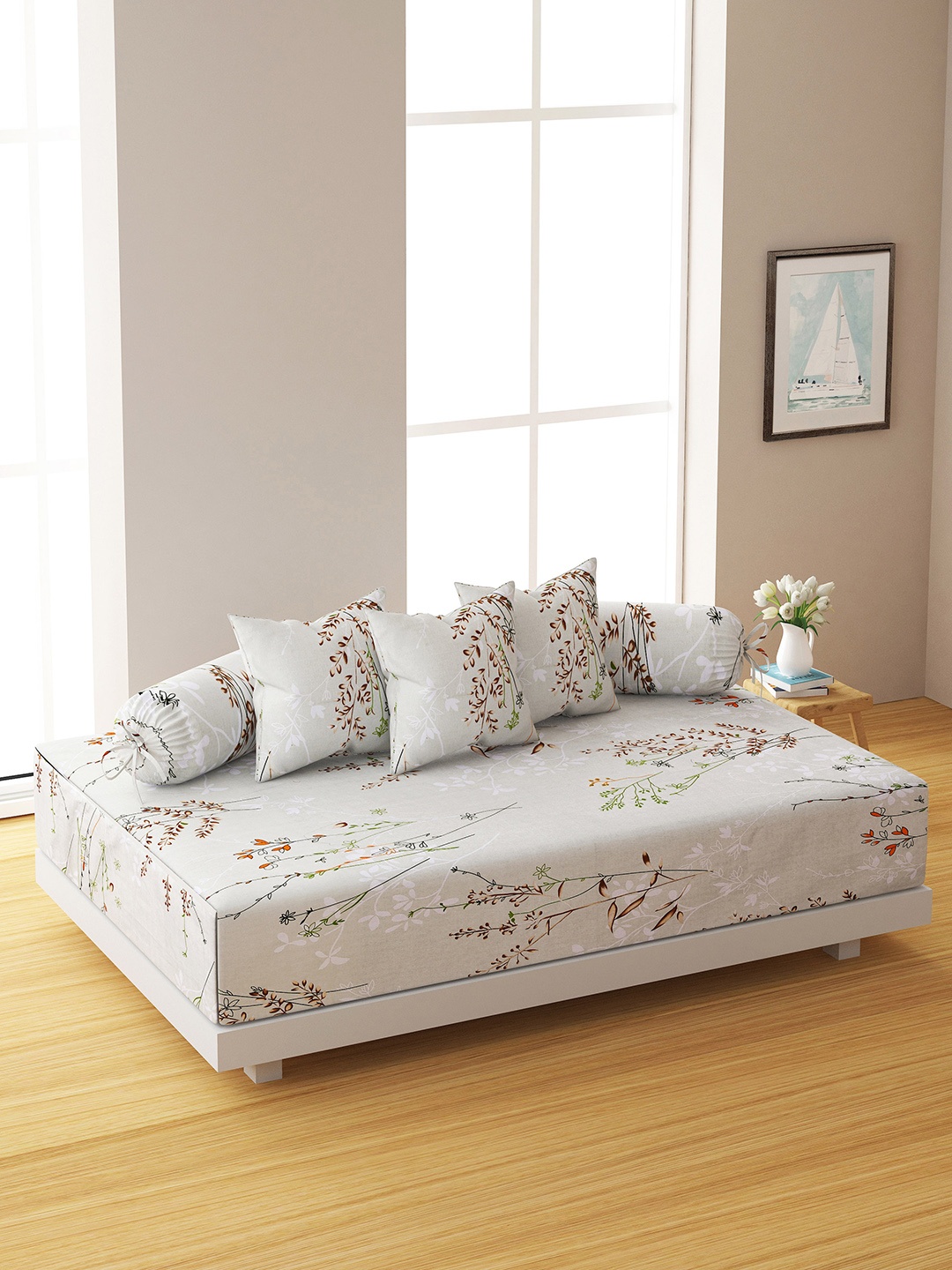 

SWAYAM Set Of 6 Beige & Brown Floral Printed 144 TC Bedsheet With Bolster & Cushion Covers