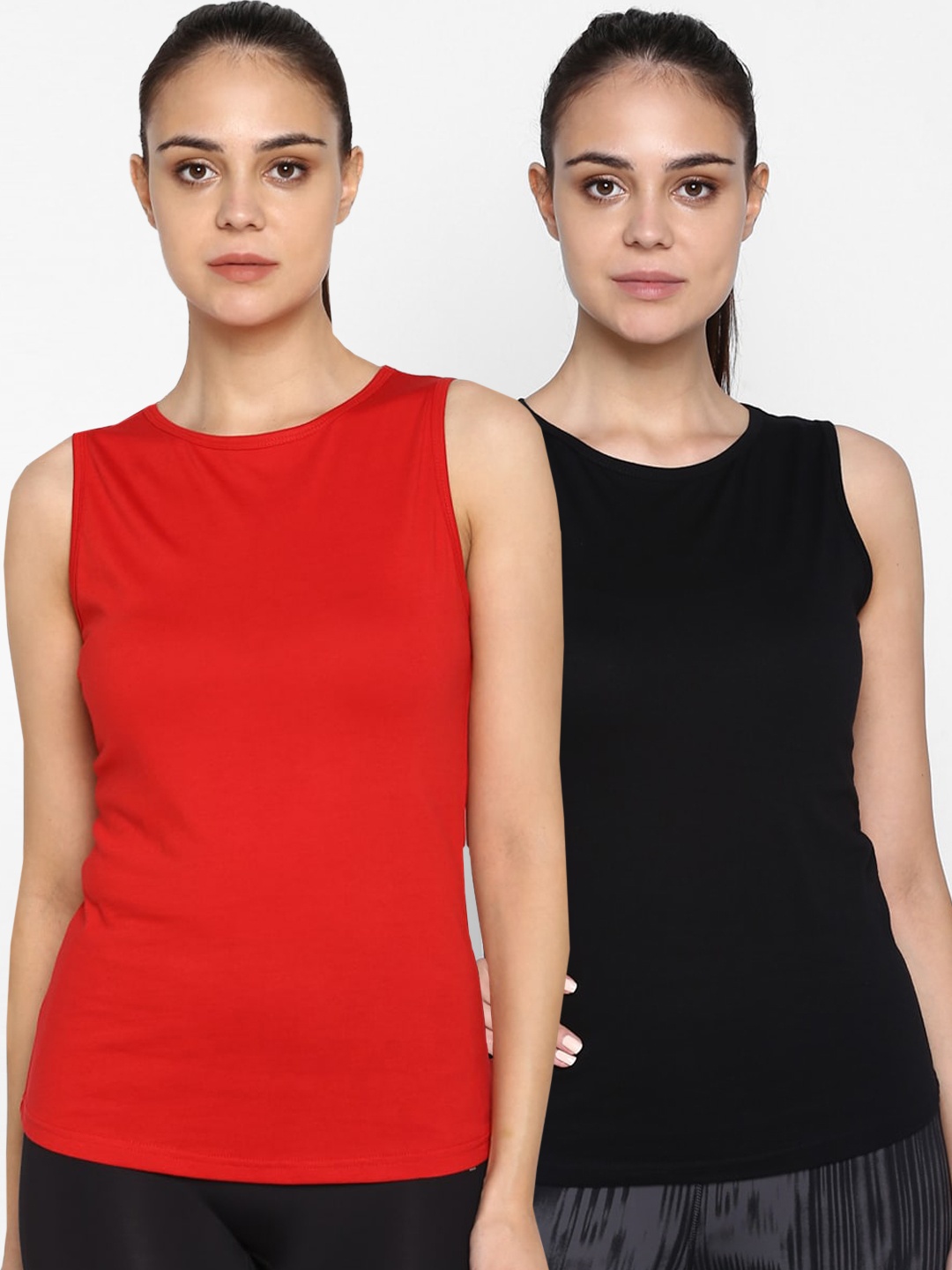 

appulse Women Pack Of 2 Red & Black Solid Round Neck T-shirt