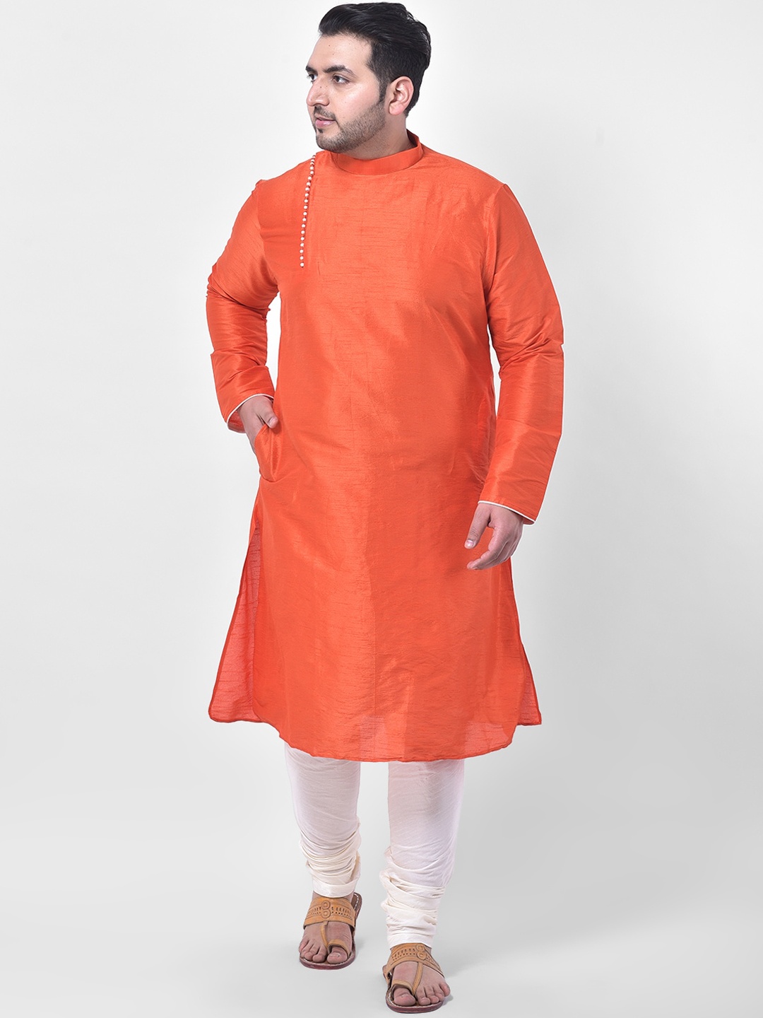 

DEYANN PLUS Men Orange Dupion Silk Woven Kurta